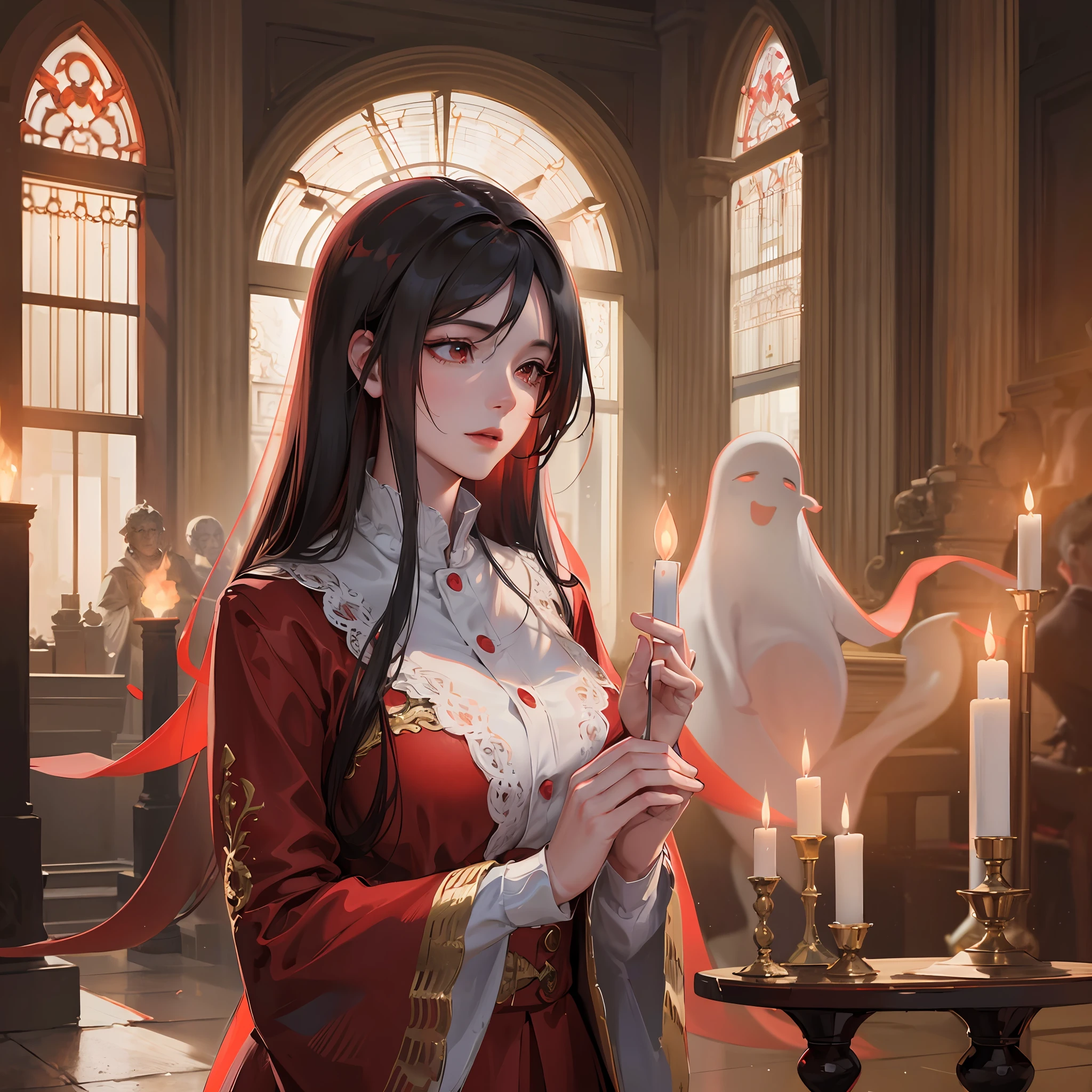 High quality, complex details, light & shadow stock of good realistic pictures, red candle fire, a few ghosts following each other in the temple, dignified demeanor, eerie atmosphere, close-up focal length, red light rendering emphasizes the sense of mystery, normal fingers