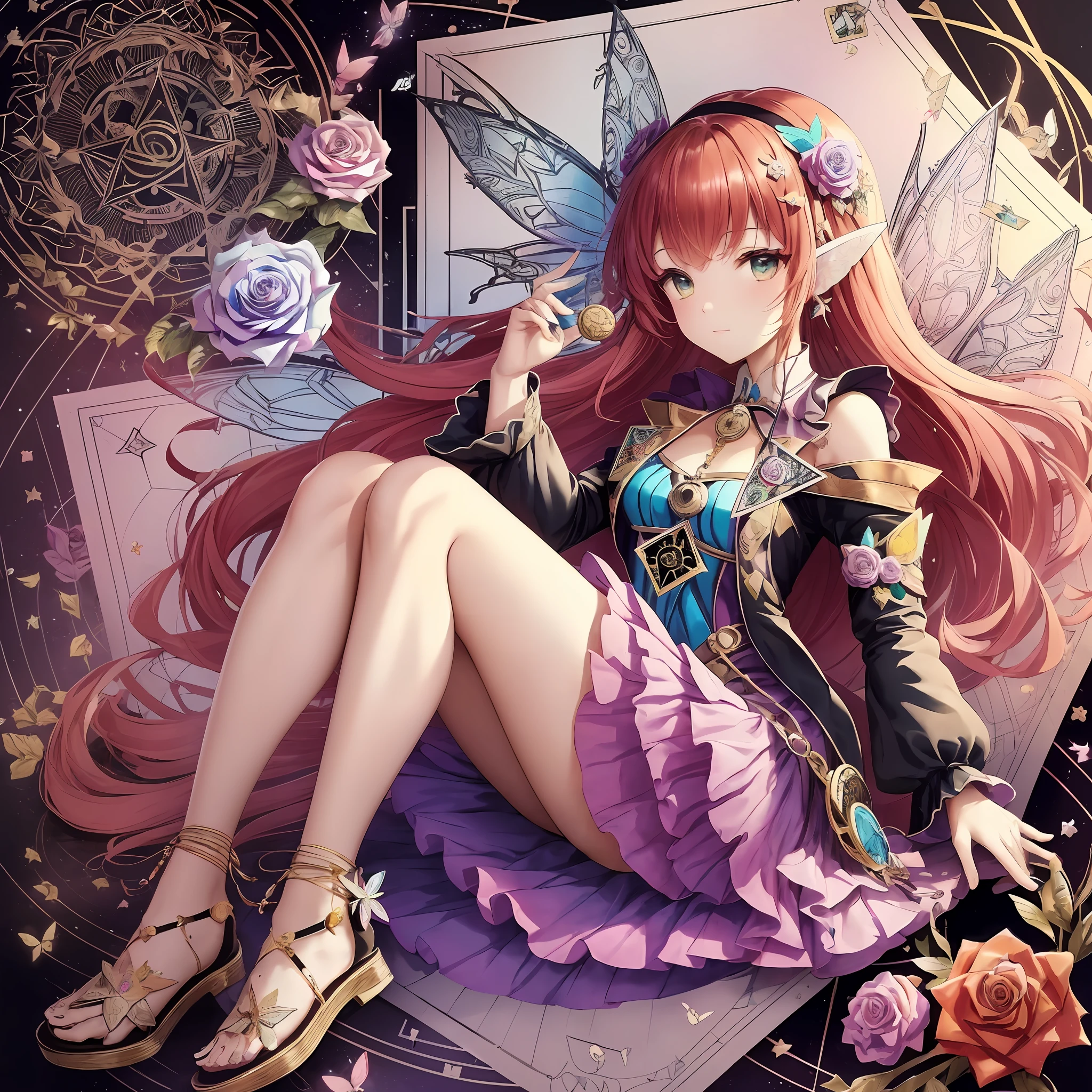 (Golden Ratio: 1.2), (Rose Graffiti: 1.2), (Glitch Color: 1.3), [(White Background: 1.4)::10], (Whole Body: 1.2), (Super Fine: 1.3), (Tarot :1.6),(Magician (Tarot):1.6),(Paper:1.2),(Fairy:1.6),(Fairy Wings:1.2),Full Body, Hanging,(Cool:1.2),(Red Long Hair ),(butterfly hair accessory),(flower hair accessory: 1.0),((sandals,Locket)),(colored cocktail dress: 1.0)+(loose-sleeve jacket: 1.3)+(fluttering colorful tassels and ribbons :1.2 ),(white stockings: 1.2),(colored ink paper flowers: 1.2),(colorful flower sea: 1.3),(chaotic geometry: 1.3),(negative space: 0.8),(drawing board: 1.3 ), (Ether Color ink flow: 1.3) --auto --s2