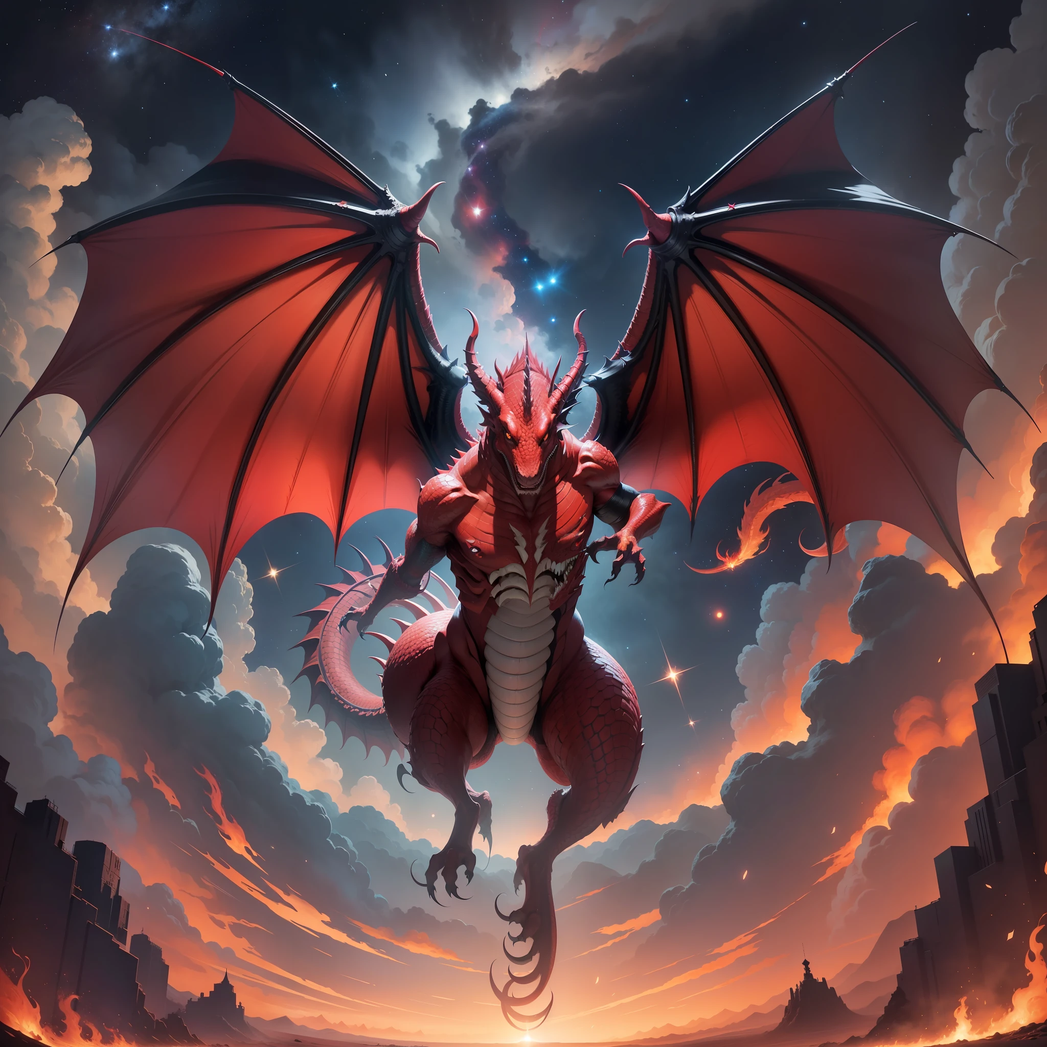 A red dragon with a gigantic tail that dragged the third part of the stars from the sky