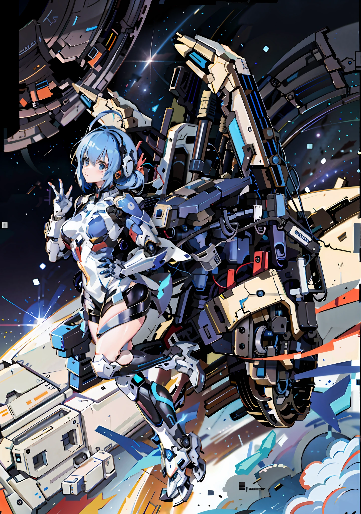 Exoskeleton flying over Earth with blue-haired woman on mecha, anime mecha aesthetics, cyberpunk anime girl mecha, mecha aesthetics, full robot in space!! girl