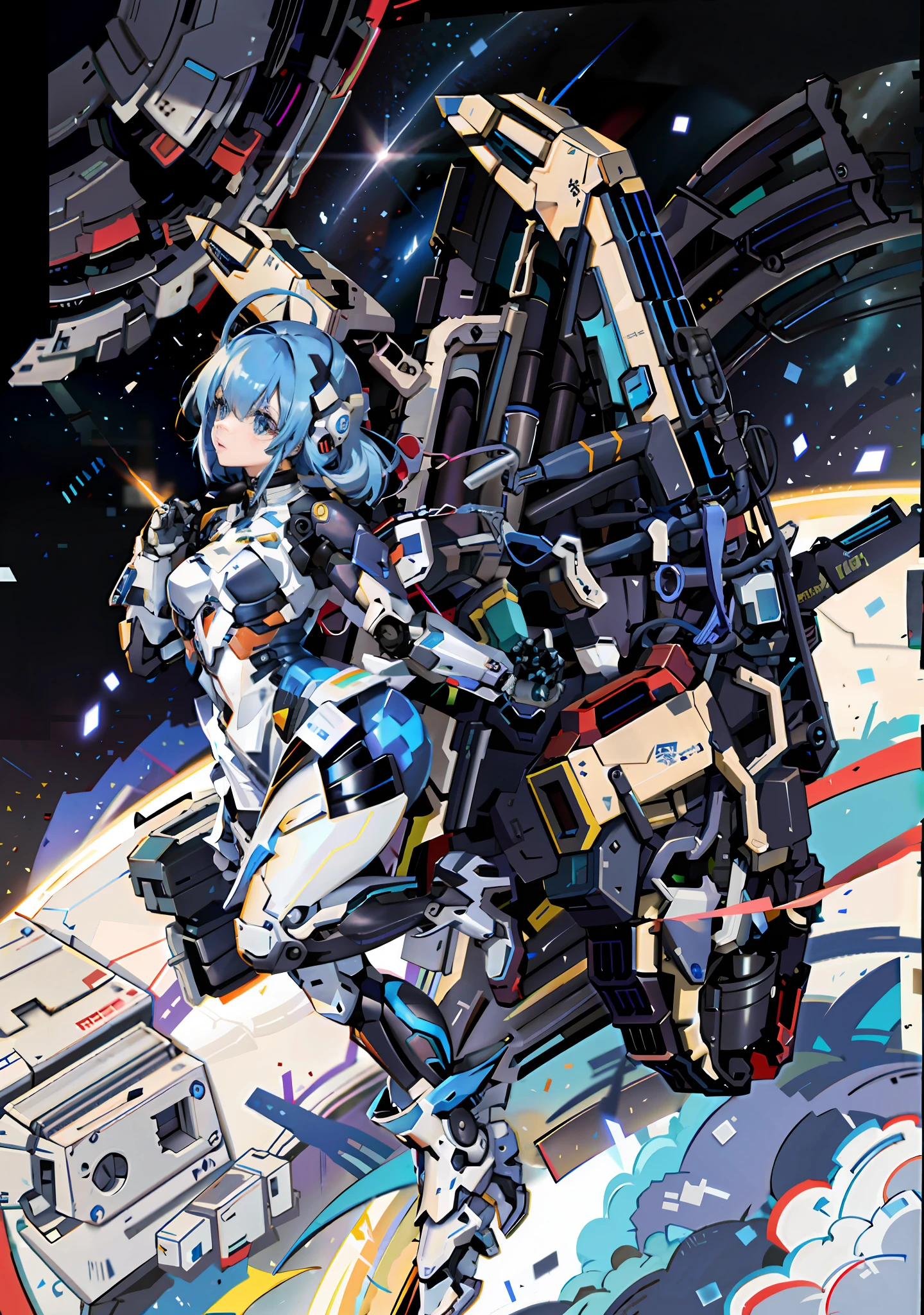 Exoskeleton flying over Earth with blue-haired woman on mecha, anime mecha aesthetics, cyberpunk anime girl mecha, mecha aesthetics, full robot in space!! girl
