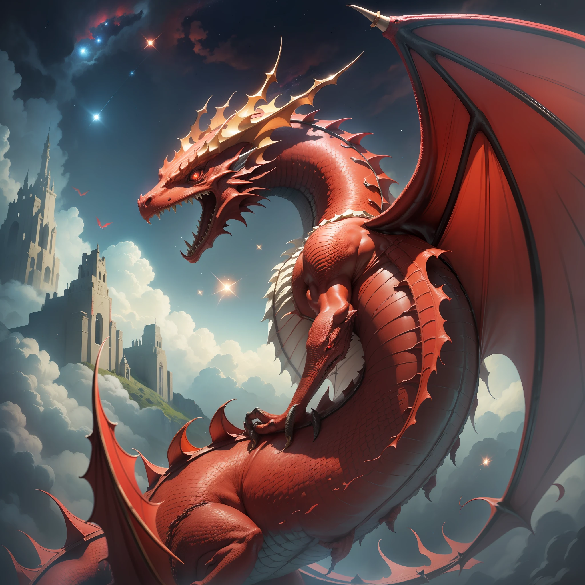 A red dragon with a gigantic tail that dragged the third part of the stars from the sky