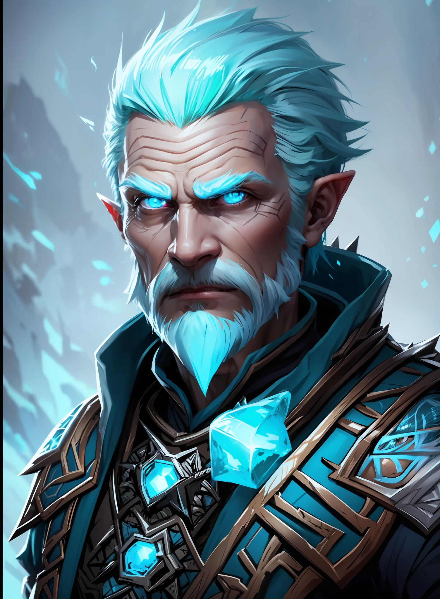 Straight light blue hair is spiky combed back, middle elf ear