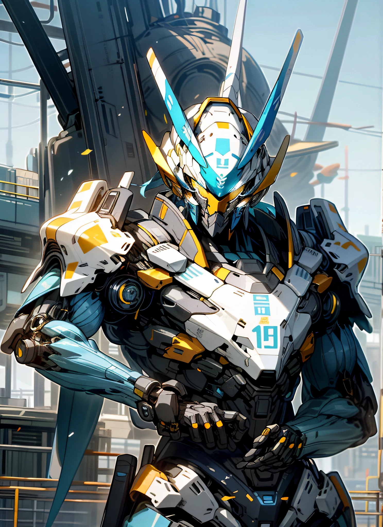 Masterpiece, blue sky, gorgeous futuristic tech city in the background, blue mecha shell, yellow helmet Strong sense of integrity of the body Carrying a large long knife