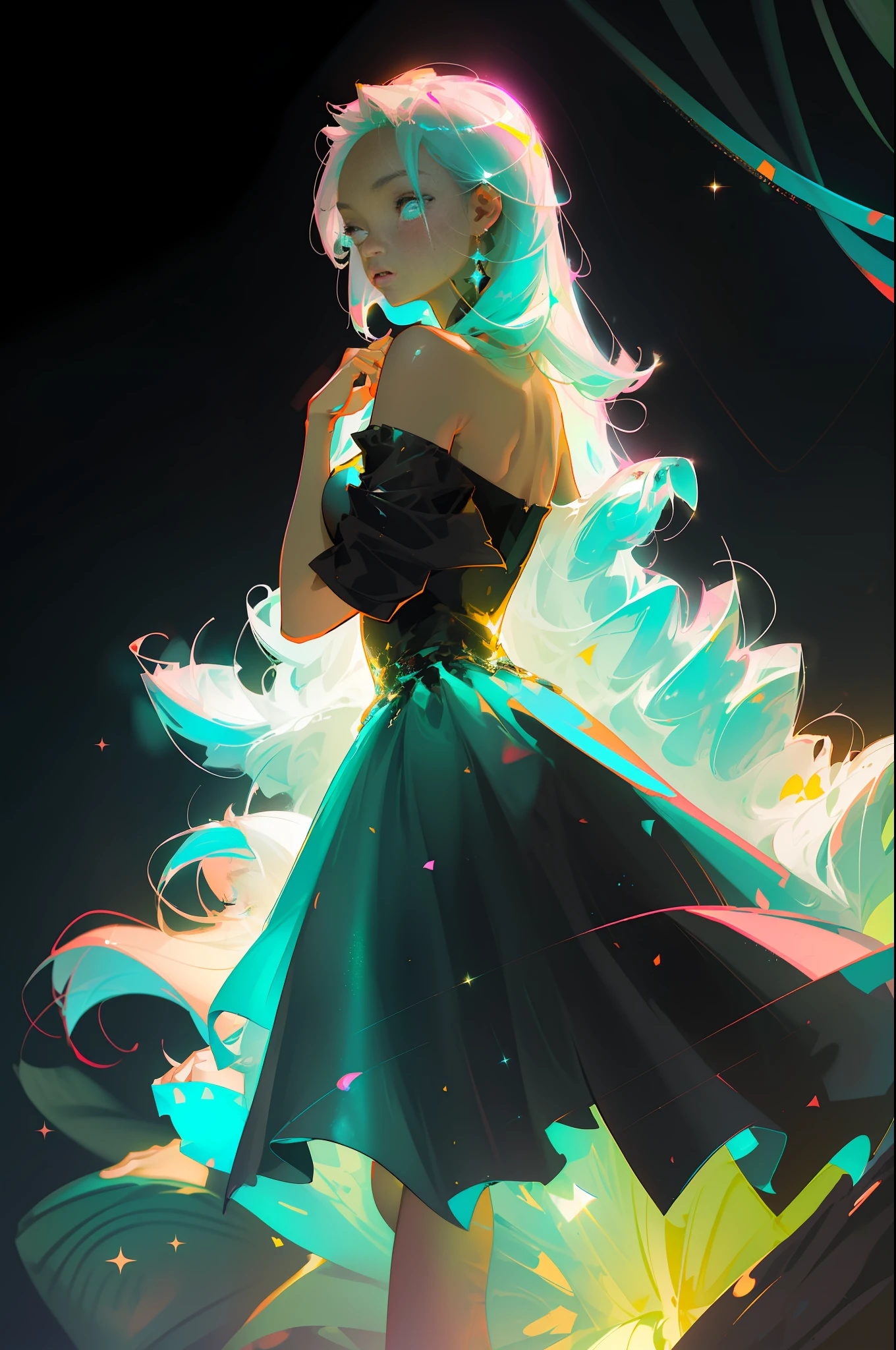 Masterpiece, best quality, super high resolution, fluorescent color,1 girl, looking at the audience, beautiful face, beautiful eyes, (bare shoulder: 1.2), head up, upper body, forest, shiny hair, shiny skin, glowing cut, chibi, hands not shown: 1.5, black starlight dress, particles