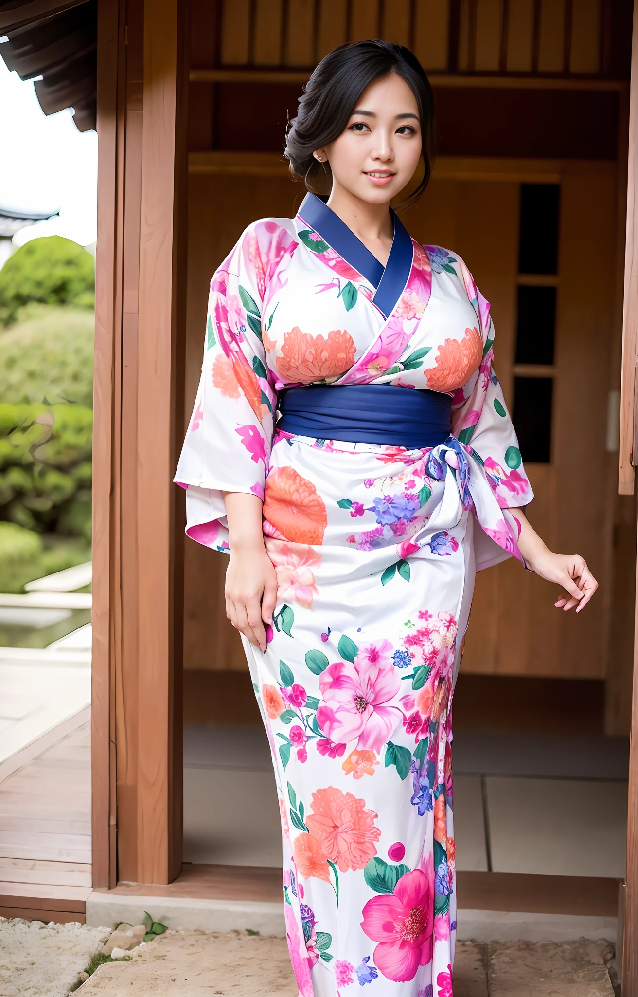 ((Wearing a yukata)), ((Huge: 1.2))), ((Quality: 8k, Big ass: 1.5)), ((Korean beauty)), ((Arasah: 35 years old)), (Emphasizing cleavage)), ((Full body pose)))), Garden of a samurai residence,