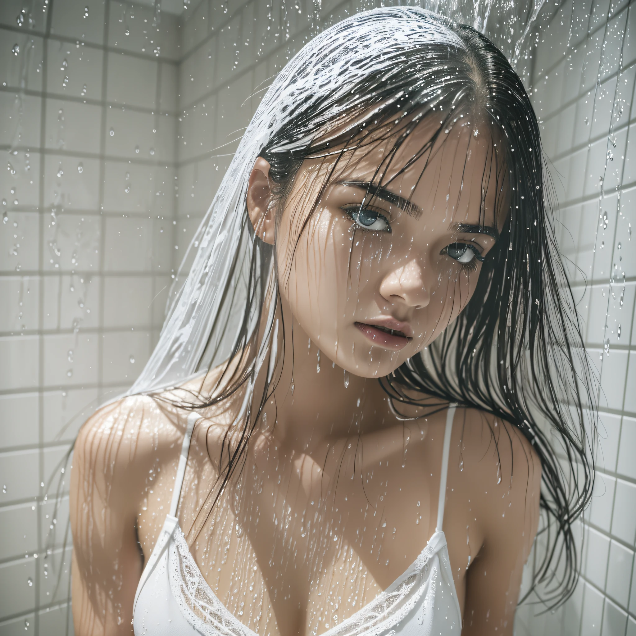 Best image quality, masterpiece, ultra high resolution, (Fidelity: 1.4), photo, one girl, [(sadness)] , white shirt, dim, dark, hopeless, pathetic, cinematic, tears, tears, (torn clothes: 1.5), (wet clothes: 1.4), bare shoulders, real rain, wet hair.　(shower room), (white lingerie set), ((showering)), ((wet body)), --auto --s2