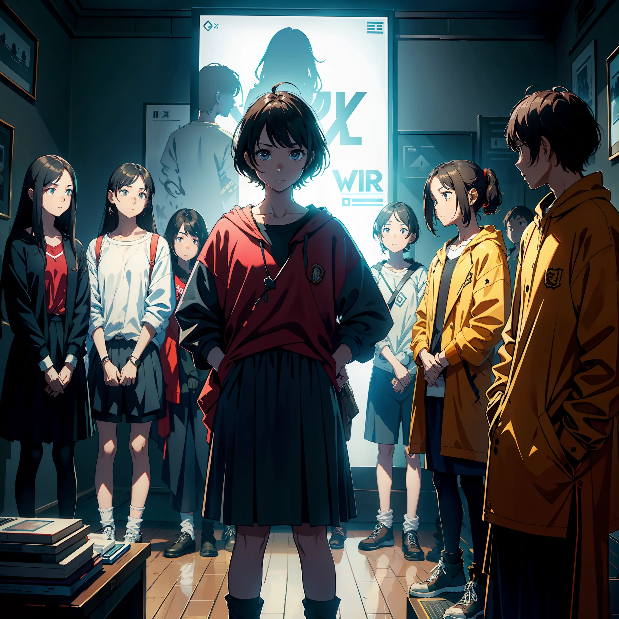A group of people stood in front of the screen with envious expressions, in the room