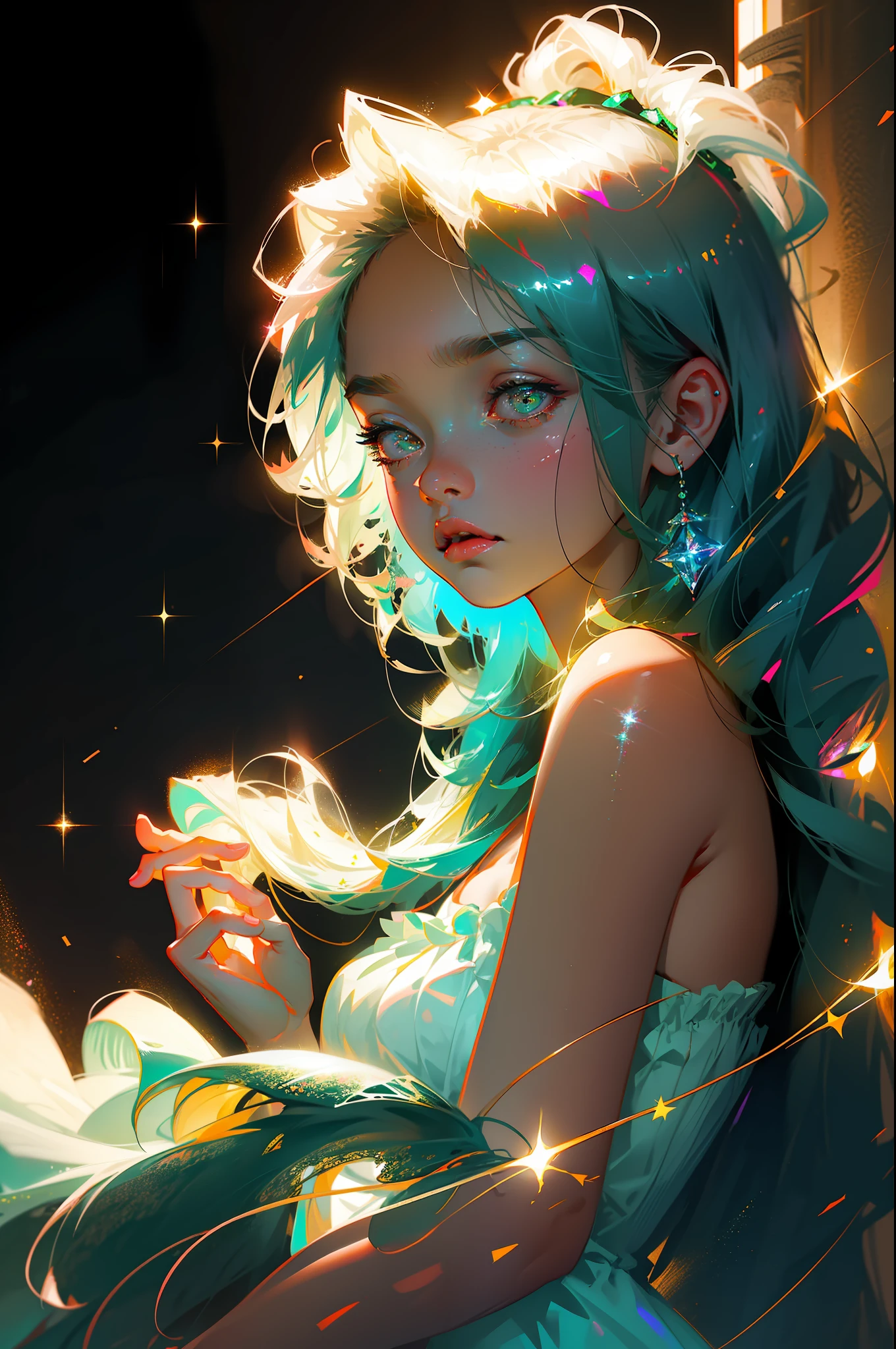 Masterpiece, best quality, super high resolution, fluorescent color,1 girl, looking at the audience, beautiful face, beautiful eyes, (bare shoulder: 1.2), head up, upper body, forest, shiny hair, shiny skin, glowing cut, chibi, hands not shown: 1.5, black starlight dress, particles