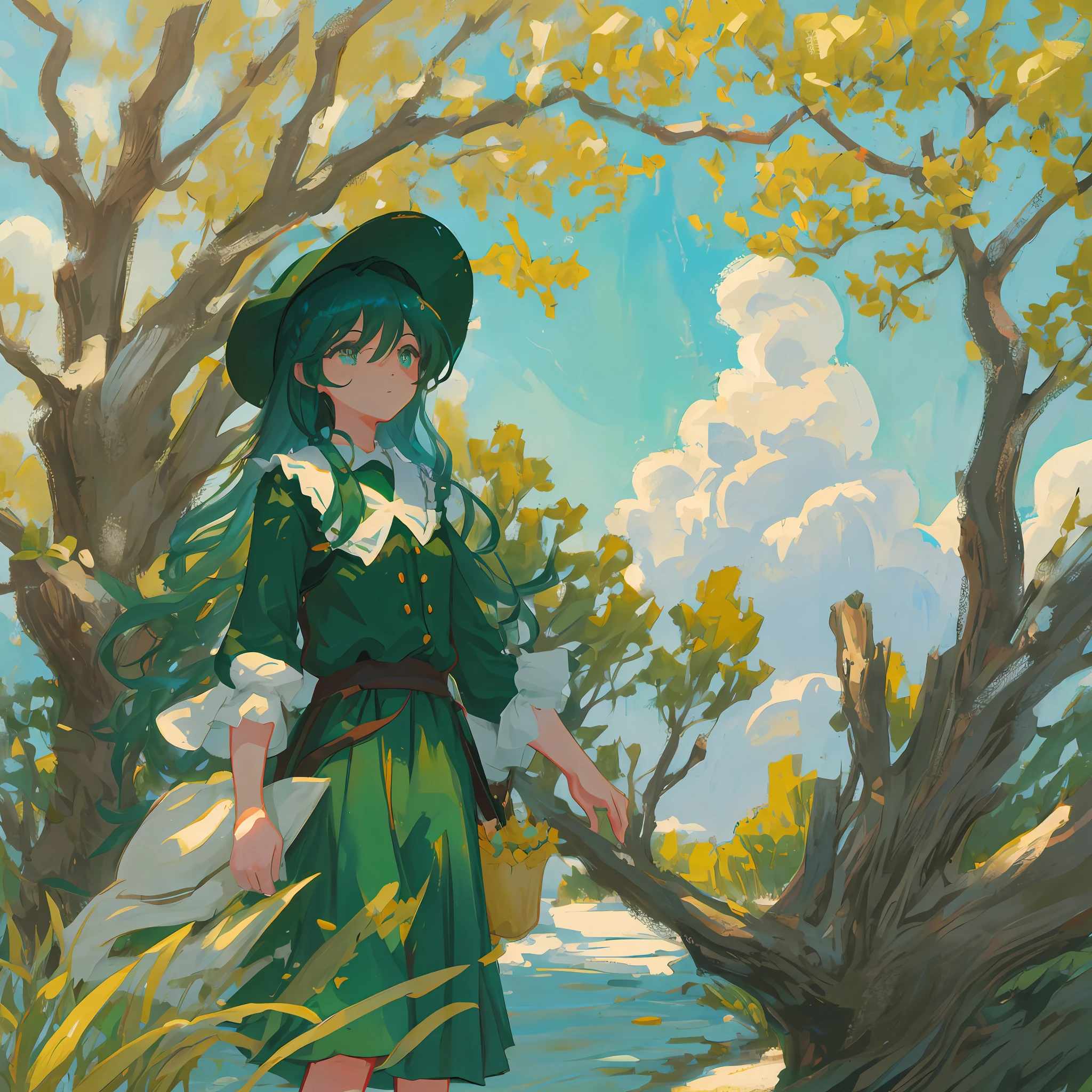 Under a willow tree on the riverbank, a woman dressed in emerald green sits on a rock, holding a drawing board. Her eyes are intently staring ahead, as if capturing the beauty in front of her, ready to record it on the drawing board. A gentle breeze blows over, blowing the woman's long hair and a few fallen leaves on the stone, creating a tranquil atmosphere.