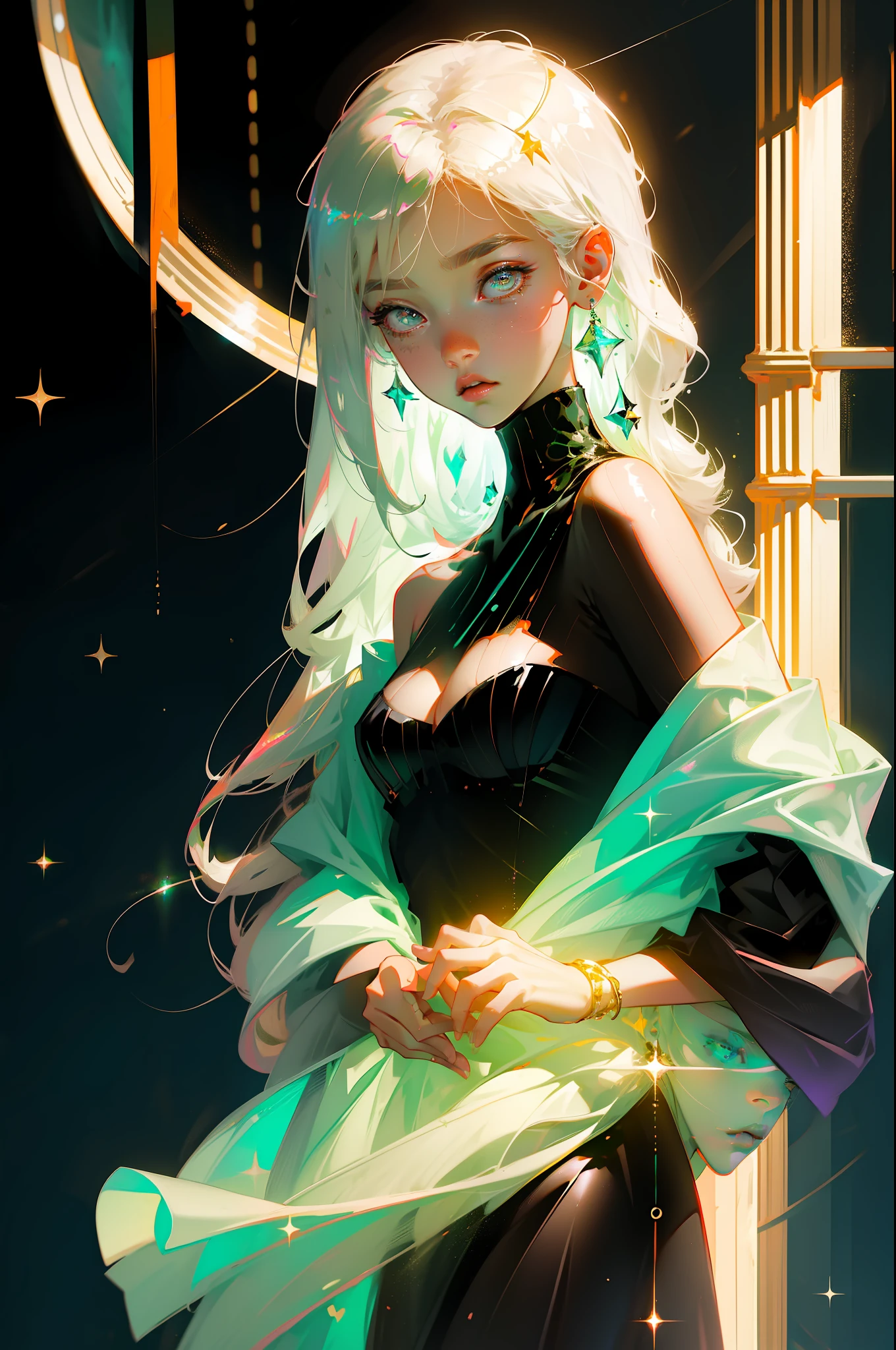 Masterpiece, best quality, super high resolution, fluorescent color,1 girl, looking at the audience, beautiful face, beautiful eyes, (bare shoulder: 1.2), head up, upper body, forest, shiny hair, shiny skin, glowing cut, chibi, hands not shown: 1.5, black starlight dress, particles