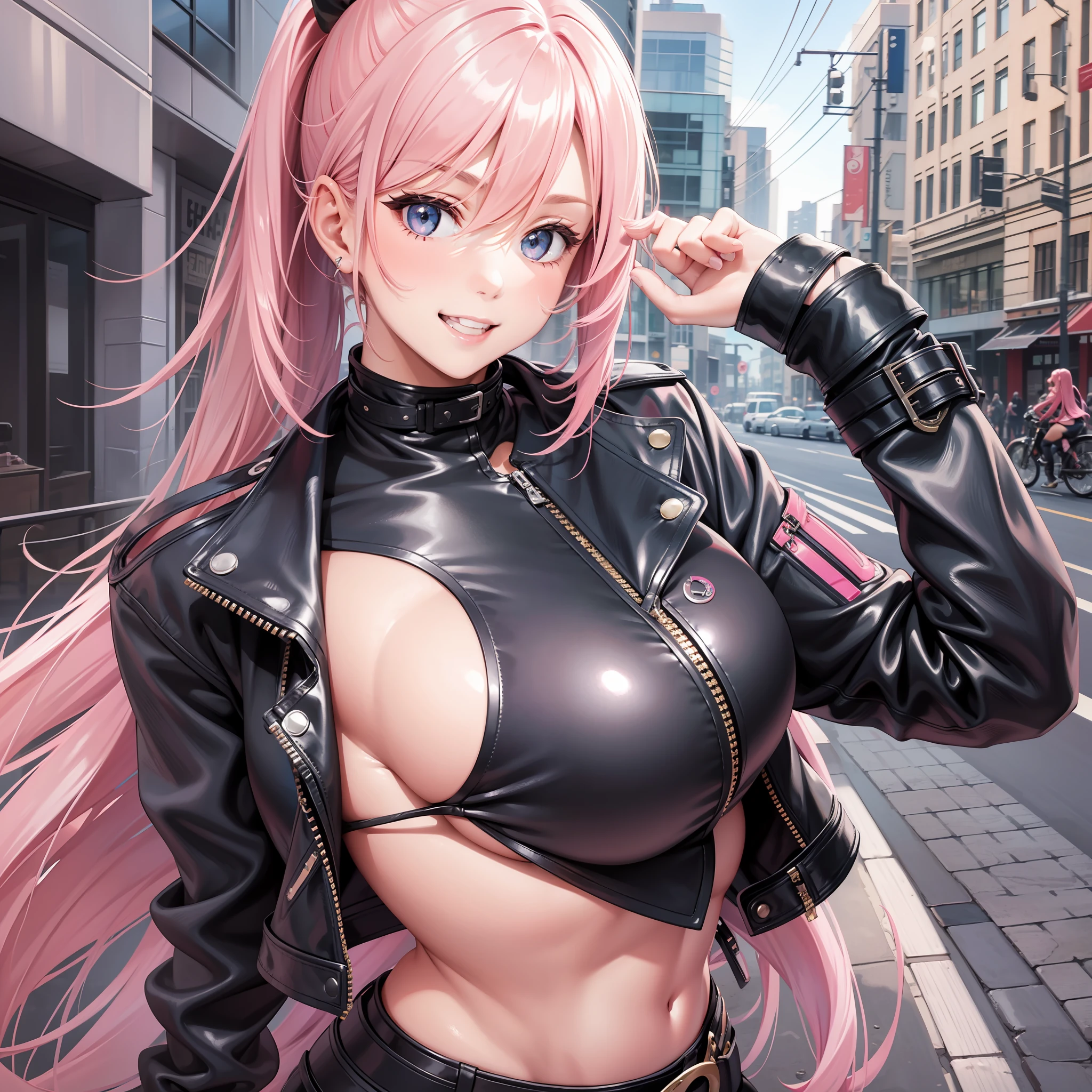 Leather jacket girl bike long hair ponytail smile beauty big tits top quality masterpiece beauty big tits pink hair