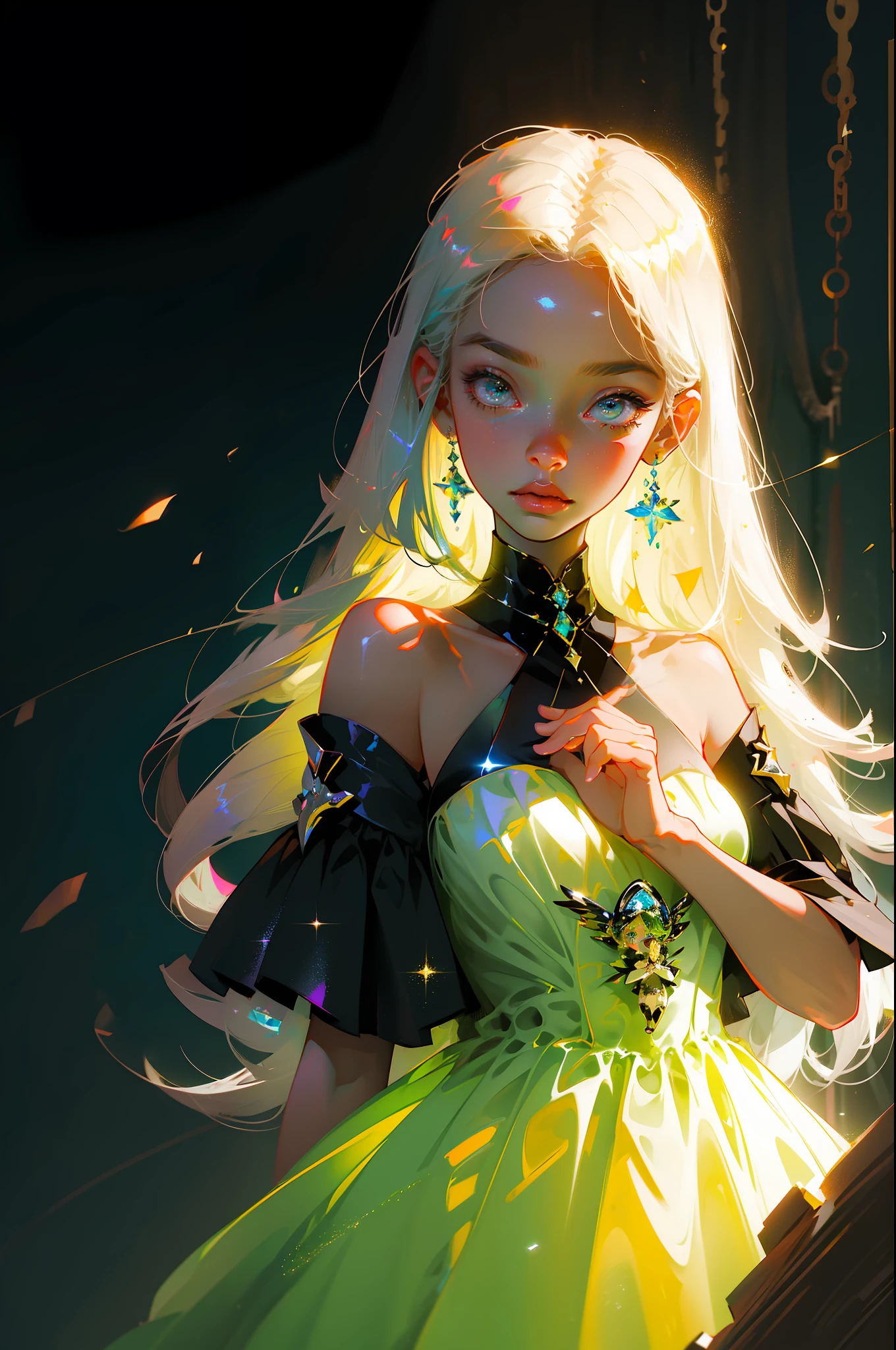 Masterpiece, best quality, super high resolution, fluorescent color,1 girl, looking at the audience, beautiful face, beautiful eyes, (bare shoulder: 1.2), head up, upper body, forest, shiny hair, shiny skin, glowing cut, chibi, hands not shown: 1.5, black starlight dress, particles