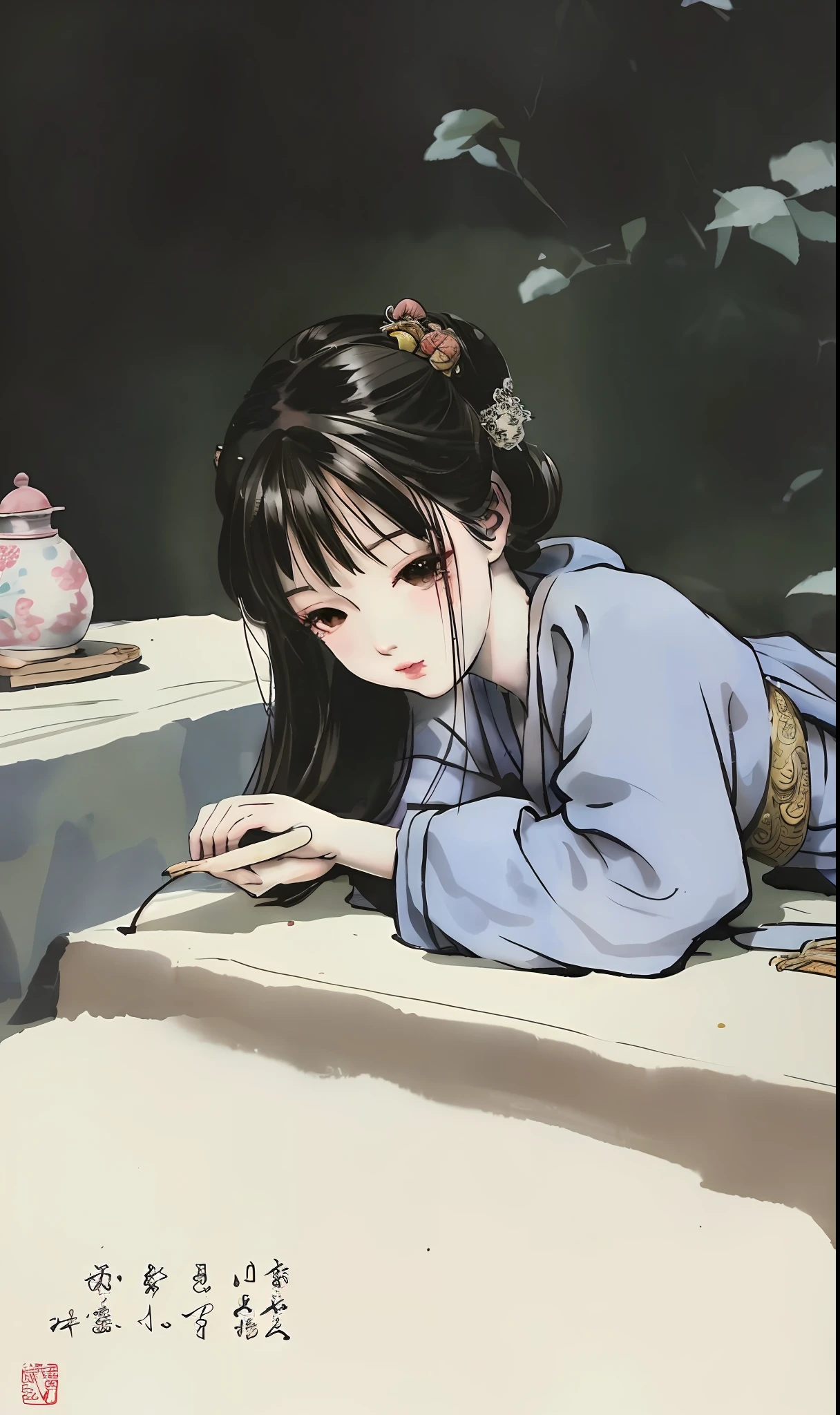 A woman as beautiful as a fairy, an ancient Chinese fairy, ancient rhyme, fairy, slept in front of Emperor Guan's incense case, Chinese painting