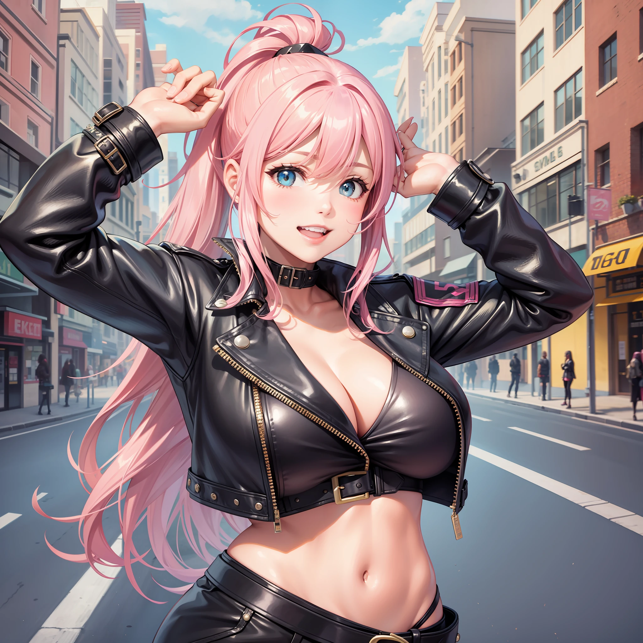 Leather jacket girl bike long hair ponytail smile beauty big tits top quality masterpiece beauty big tits pink hair