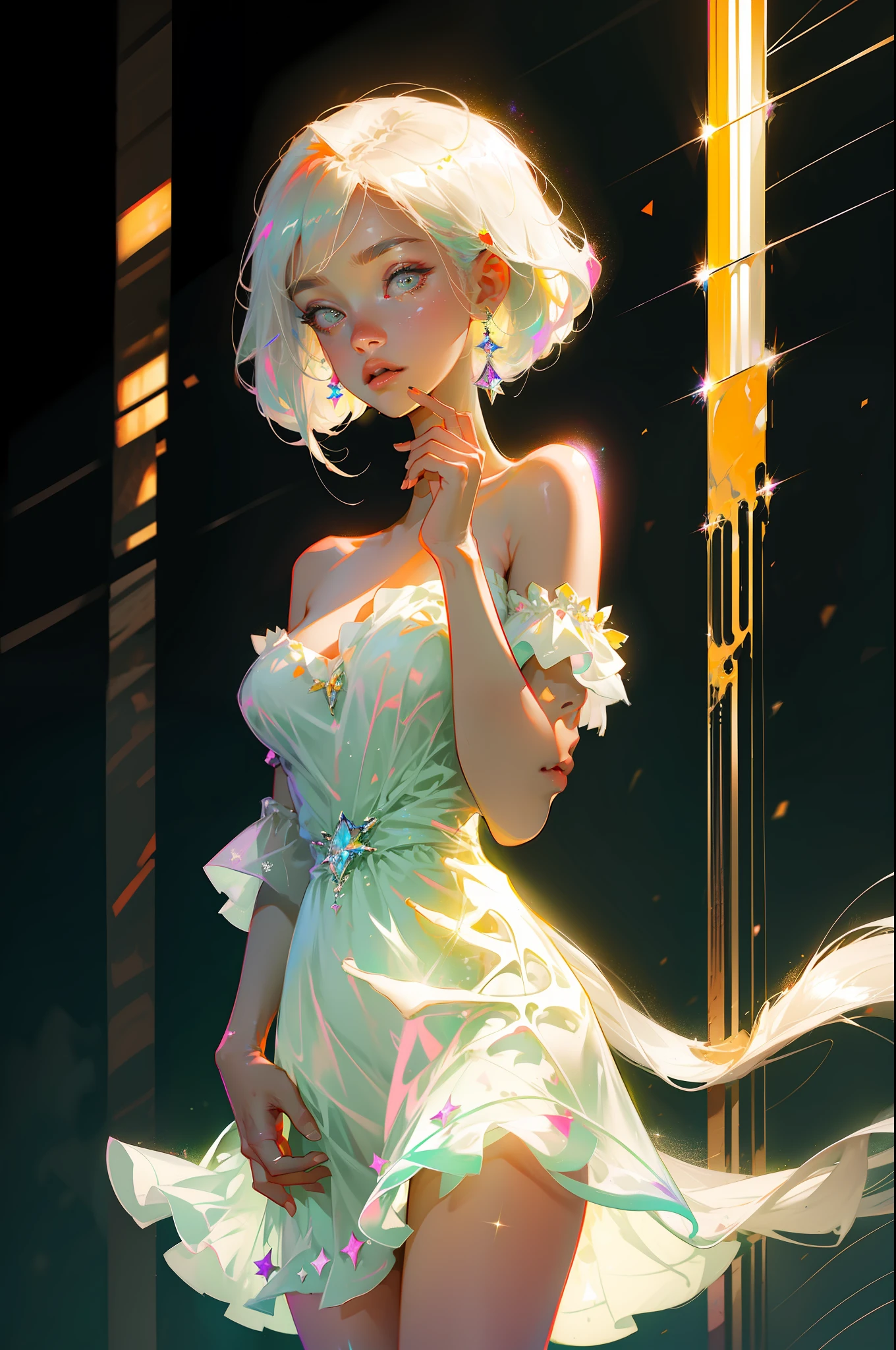 Masterpiece, best quality, super high resolution, fluorescent color,1 girl, looking at the audience, beautiful face, beautiful eyes, (bare shoulder: 1.2), head up, upper body, forest, shiny hair, shiny skin, glowing cut, chibi, hands not shown: 1.5, black starlight dress, particles