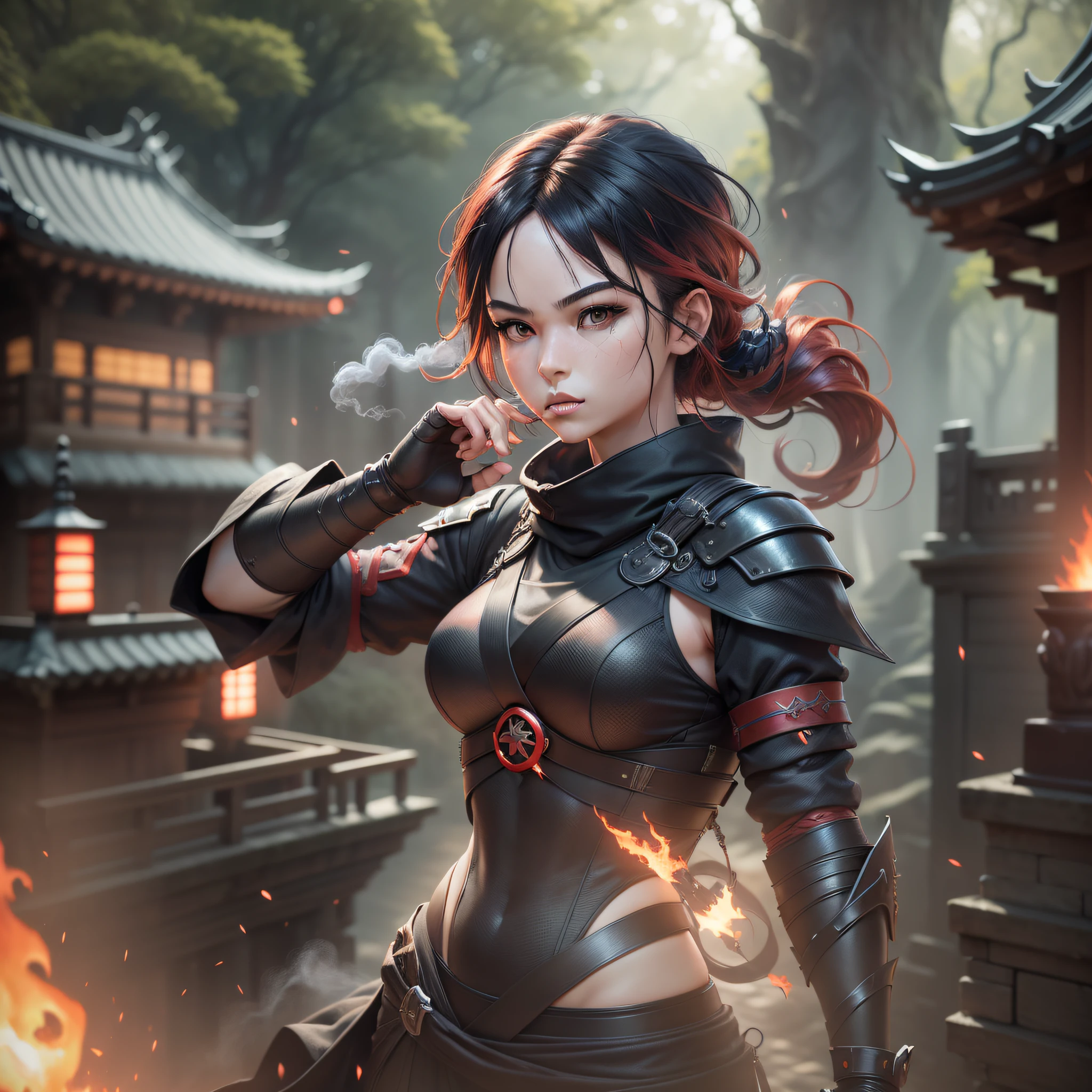 (extremely detailed CG unity 8k , realistic volumetric masterpiece light, high-quality textures), ninja temple, dense foliage, misty ambiance, ancient architecture, ninja figures in action, shuriken and smoke, (1girl),(black hair:1.3+red hair:1.2), ninja outfit, dynamic pose, intense gaze.