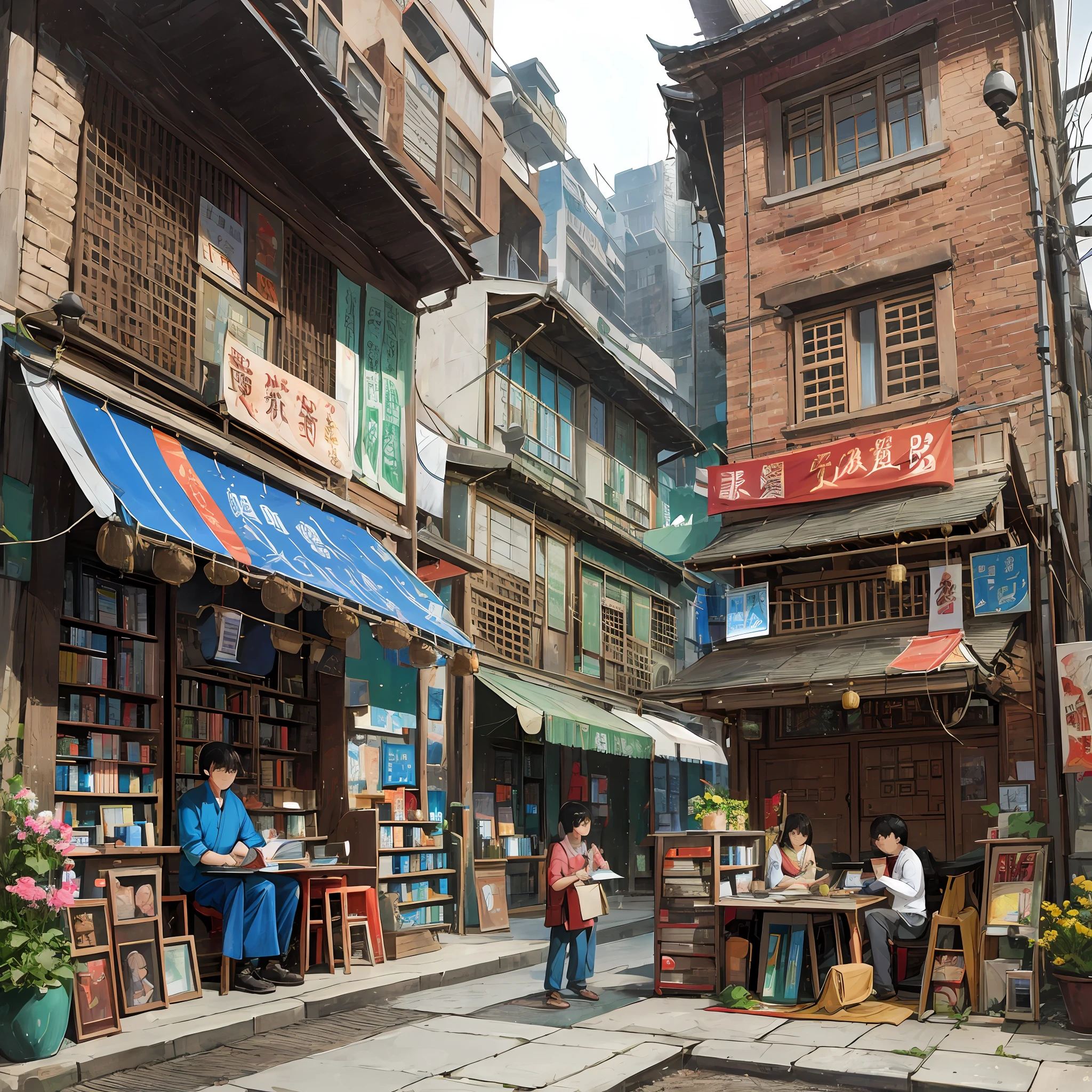 In China in 1980, a picture depicted many Chinese sitting on the sidewalk reading leisurely, many people sitting on the ground reading books, with temporary bookstores and newsstands in the background, 30 people, adults and children. The picture has a strong Chinese style, and the background elements show the atmosphere of the 1980s, and the details are rich. --auto --s2