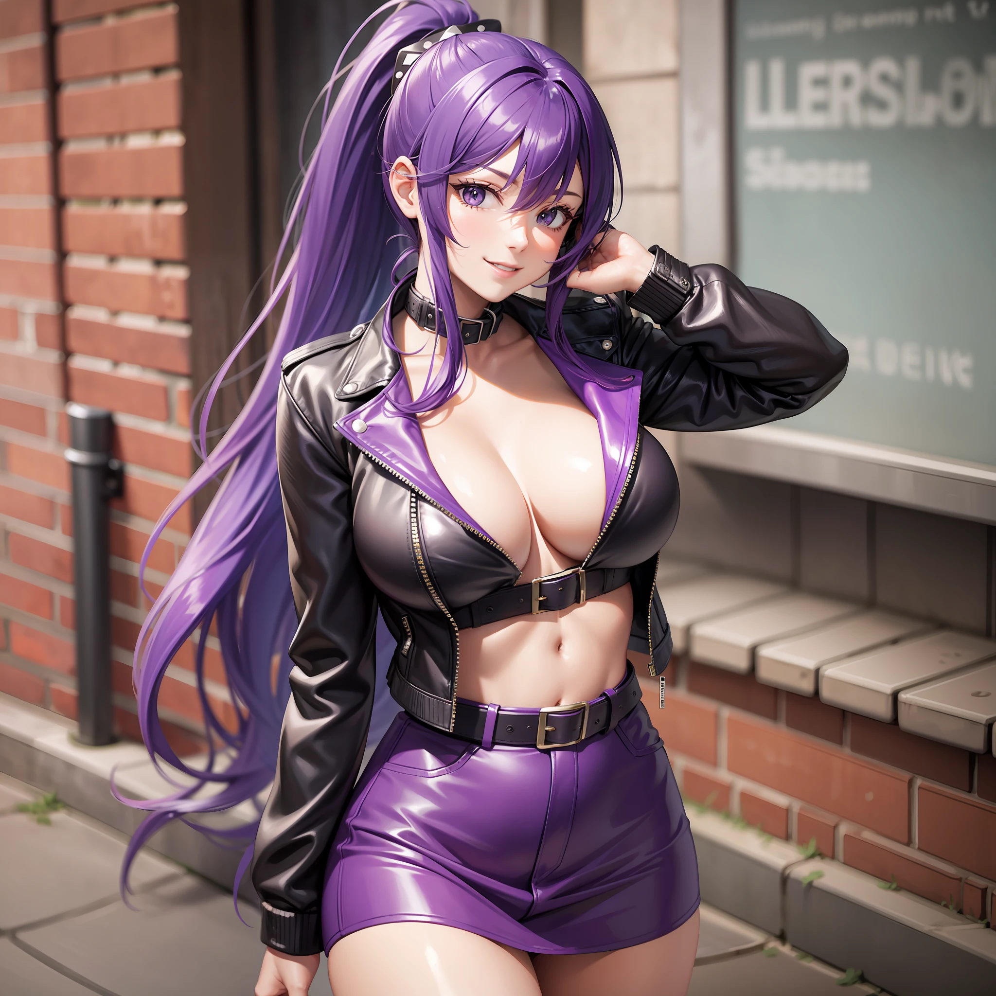 Leather jacket girl bike long hair ponytail smile beauty big tits top quality masterpiece beauty big tits purple hair