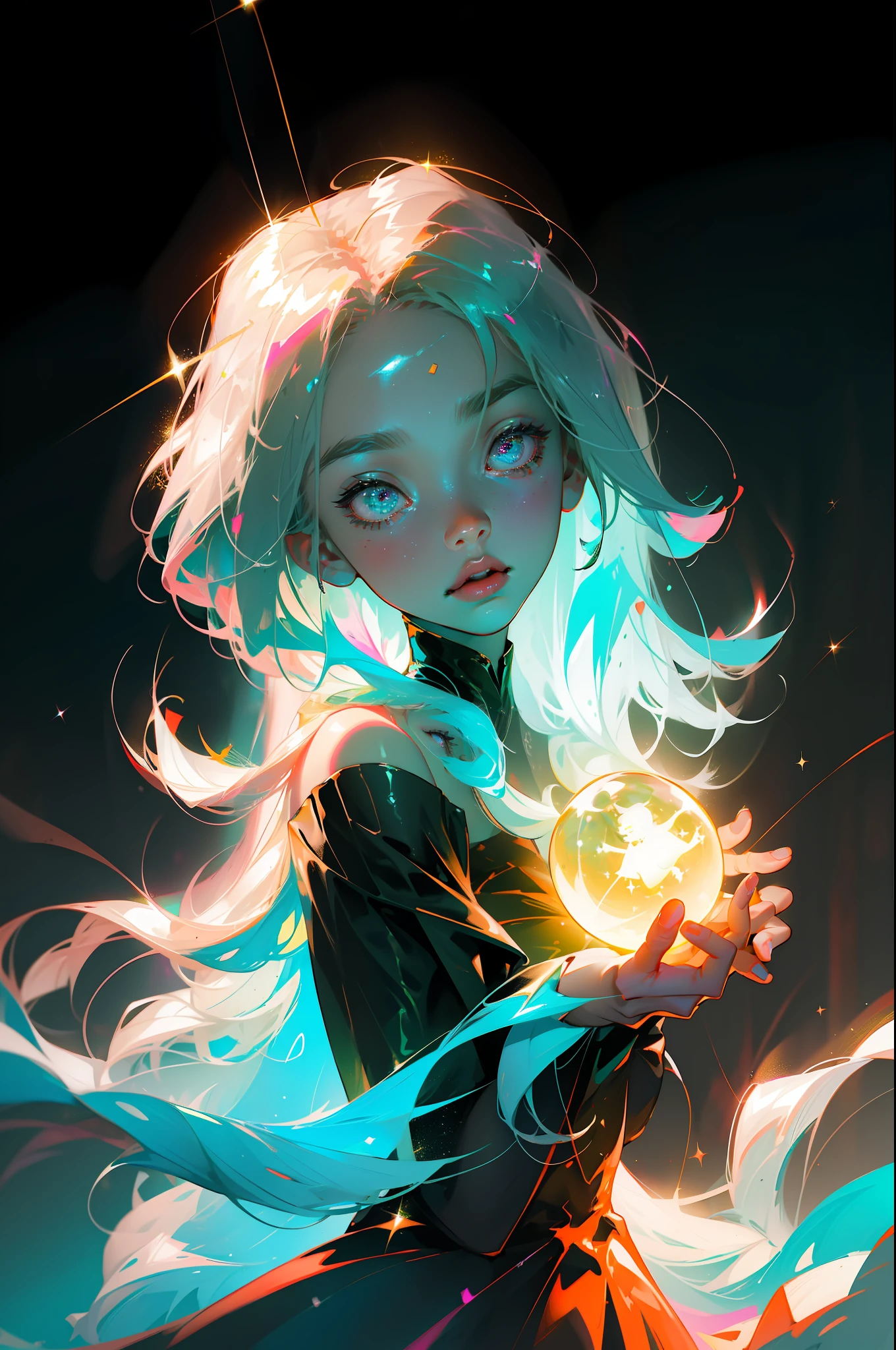 Masterpiece, best quality, super high resolution, fluorescent color,1 girl, looking at the audience, beautiful face, beautiful eyes, (bare shoulder: 1.2), head up, upper body, forest, shiny hair, shiny skin, glowing cut, chibi, hands not shown: 1.5, black starlight dress, particles