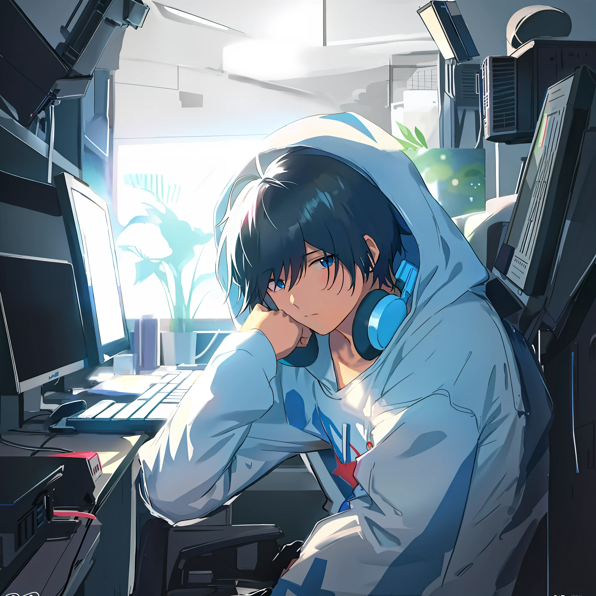 anime boy in a hoodie sitting at a desk with a laptop, anime style 4 k, anime art wallpaper 8 k, anime art wallpaper 4 k, anime art wallpaper 4k, digital anime illustration, nightcore, 4k anime wallpaper, anime wallpaper 4 k, anime wallpaper 4k, high quality anime artstyle, makoto shinkai art style
