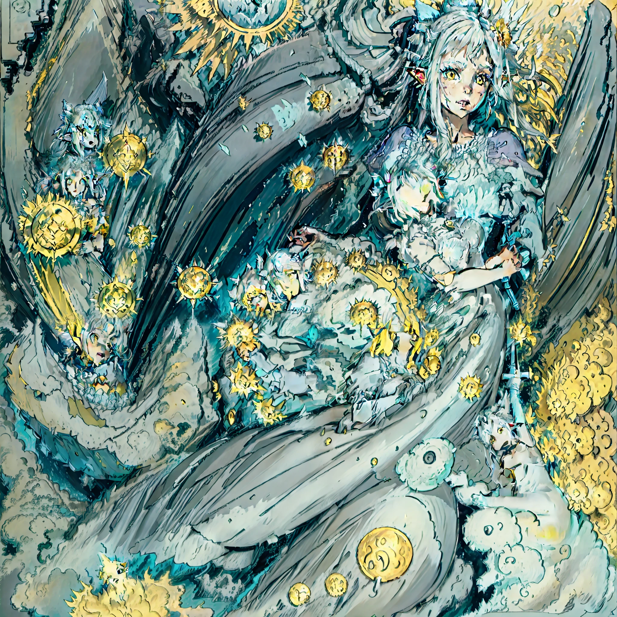 woman with huge fairy wing, sharp elf ear, lots of earring, big mouth, small nose, long gray pigtails hair, huge yellow eyes, flower dress, big breasts, on top of a dragon, holding a golden sword, lights sunbursts, mountain and cloud scenery, fairy portrait, detailed fairy portrait, portrait flying on a dragon, castle on fire