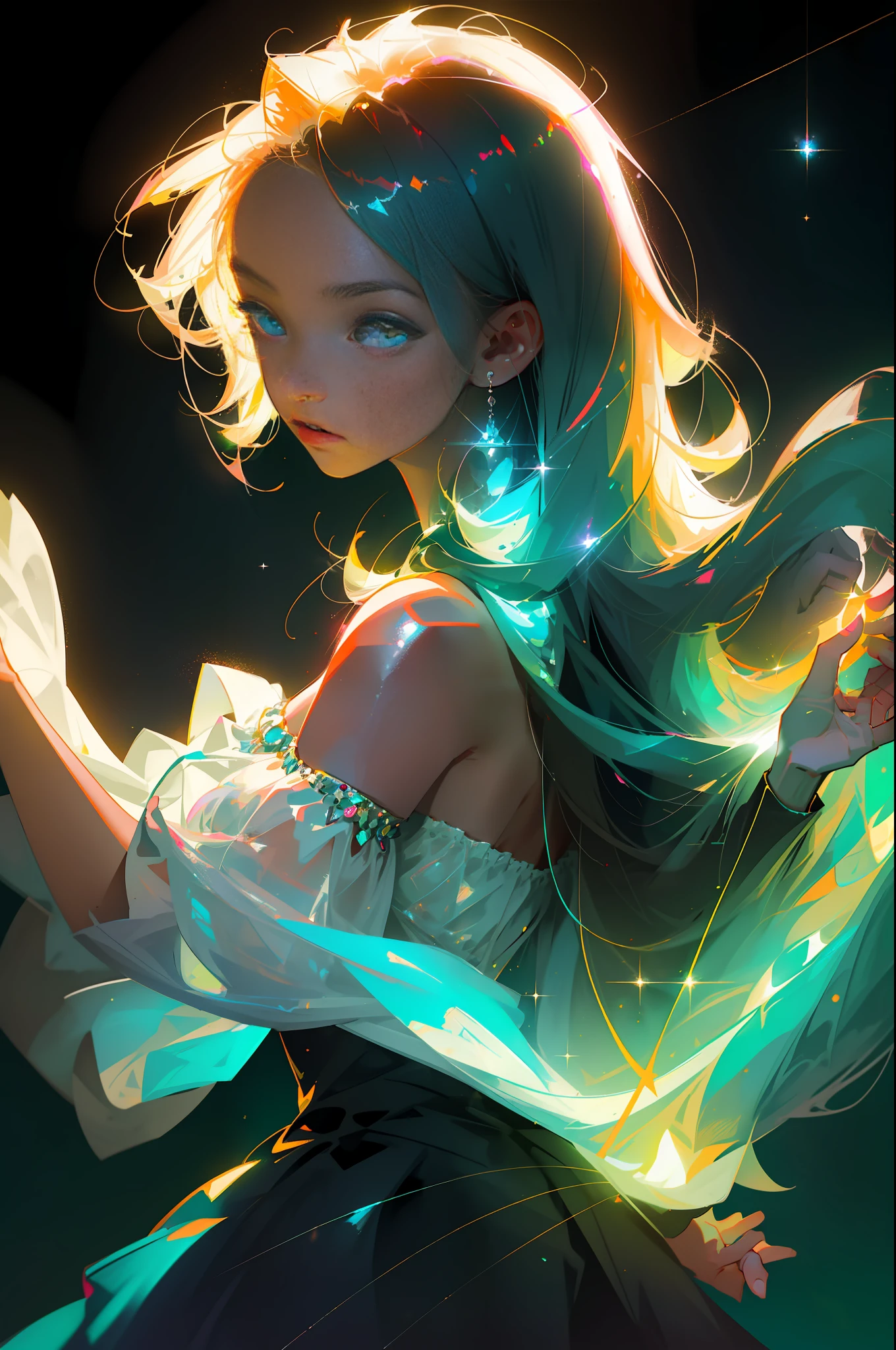 Masterpiece, best quality, super high resolution, fluorescent color,1 girl, looking at the audience, beautiful face, beautiful eyes, (bare shoulder: 1.2), head up, upper body, forest, shiny hair, shiny skin, glowing cut, chibi, hands not shown: 1.5, black starlight dress, particles