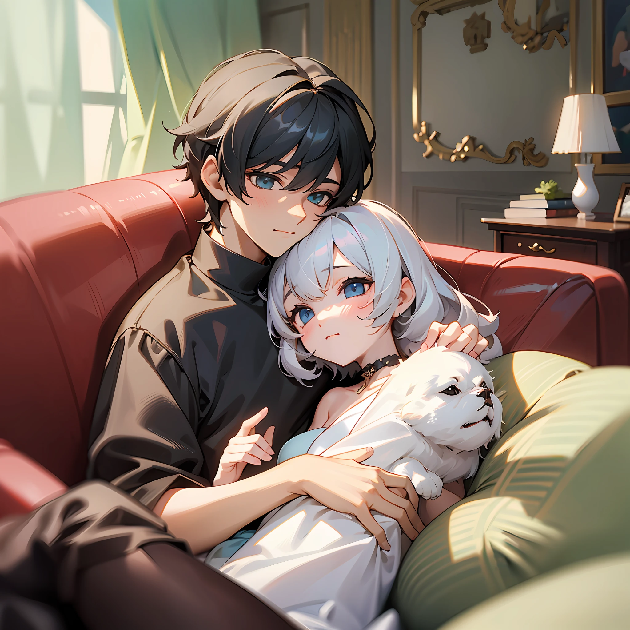 A handsome boy, a beautiful girl, sitting on the sofa at home watching TV, the girl snuggled in the boy's arms, the boy holding the girl. There was a small dog Bichon lying on the floor --auto --s2