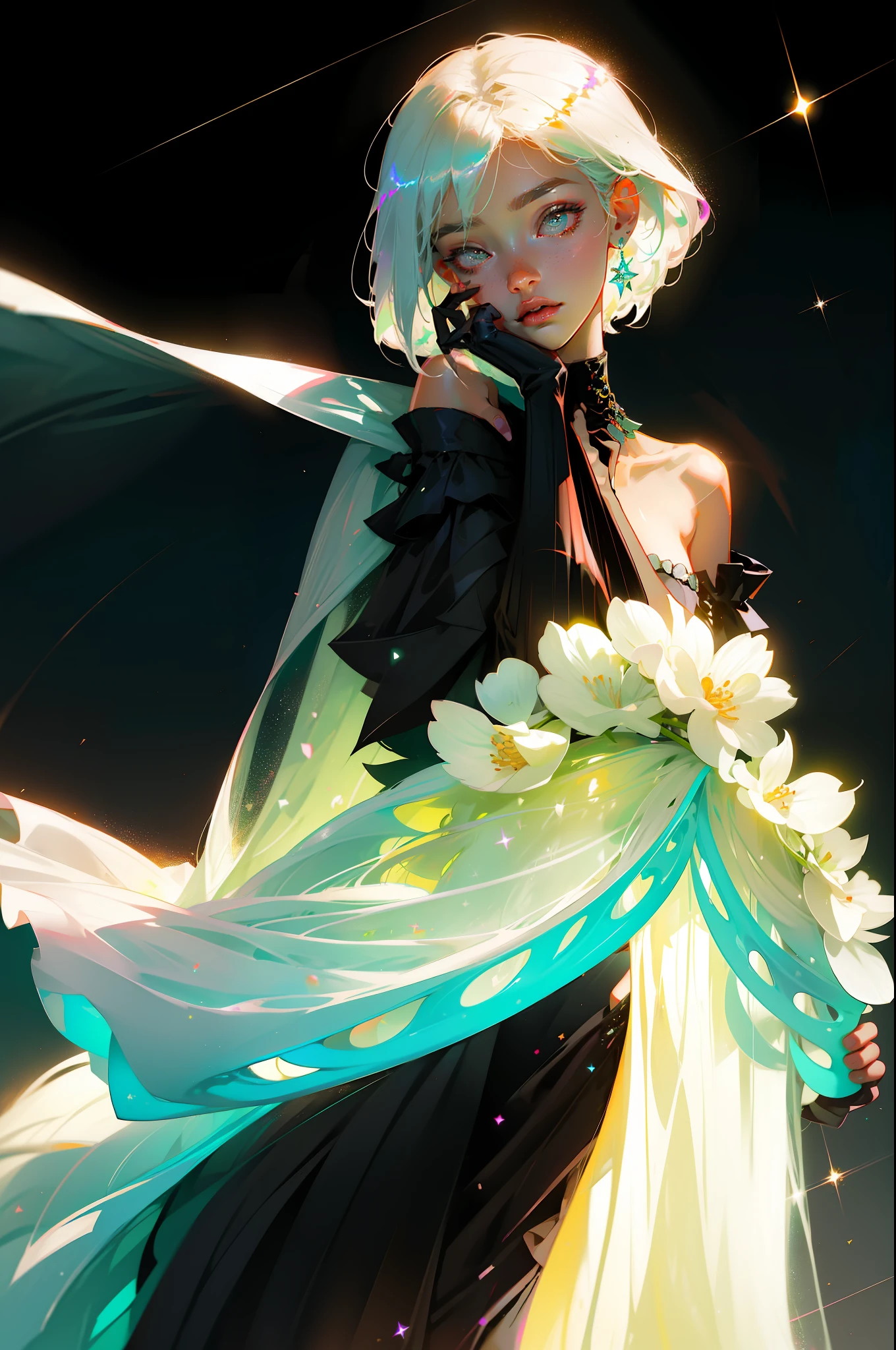 Masterpiece, best quality, super high resolution, fluorescent color,1 girl, looking at the audience, beautiful face, beautiful eyes, (bare shoulder: 1.2), head up, upper body, forest, shiny hair, shiny skin, glowing cut, chibi, hands not shown: 1.5, black starlight dress, particles