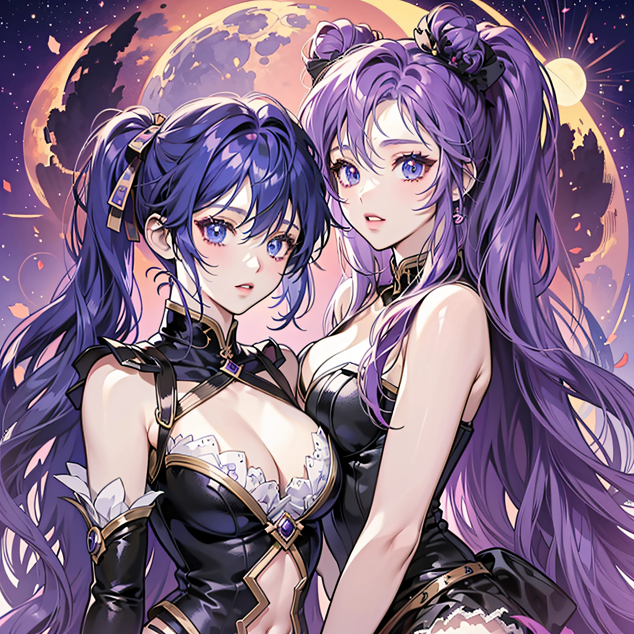 Magic Warrior, purple and blue hair, anime girl in sexy costume posing in front of full moon, two beautiful anime girls, anime girl, nightcore, anime style 4K, best anime 4K Konachan wallpaper, two pure moons, twin tails, ultra hd anime wallpaper, 4k anime wallpaper --auto --s2