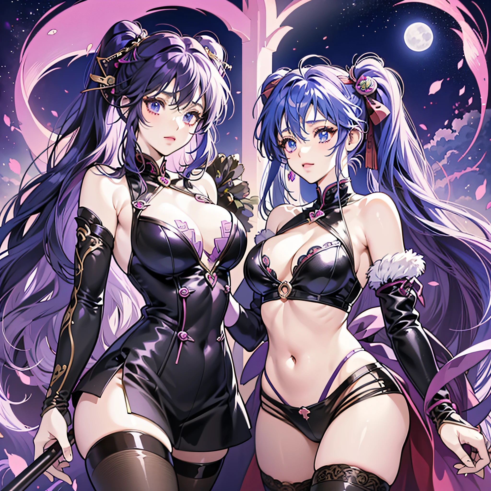 Magic Warrior, purple and blue hair, anime girl in sexy costume posing in front of full moon, two beautiful anime girls, anime girl, nightcore, anime style 4K, best anime 4K Konachan wallpaper, two pure moons, twin tails, ultra hd anime wallpaper, 4k anime wallpaper --auto --s2