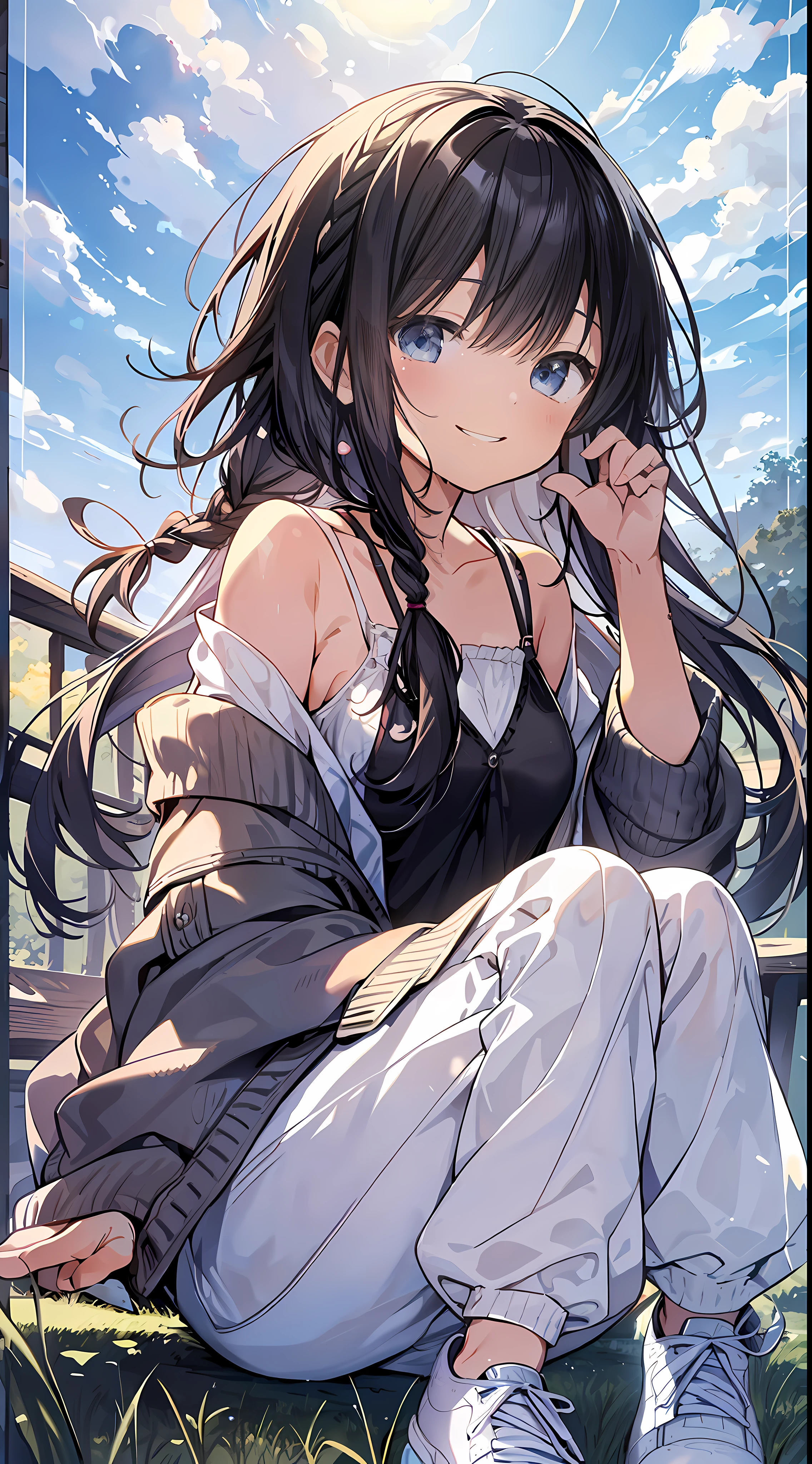 Top Quality, Masterpiece, Ultra High Definition, 8K, Summer Sky, Early Summer, (Pants, Sheer Cardigan, Sneakers), Shojo Manga Style Loli, One, Soft Line Art, Digital Enhancement, Shoujo Manga Touch, Shojo Manga Core, Flowing Fabric, Close Up, (Shoulder Length and Short Braid)), Wet Hair, Soft Drawing, Beautiful Black Hair, Clear Eyes, ((Teasing smile)) , Ultra-detailed digital anime art, clear face depiction, ultra-detailed shoujo manga character art, clear facial features, ultra-detailed manga style, top quality colors, hand gestures, landscape with nature, looking up at the sky, angle to see up to your feet, sit