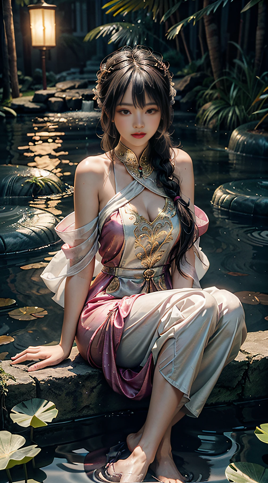 Sitting by the lotus lake, feet playing in the water, the art depicts a charming woman in a flowing, silky traditional oriental dress in pink, tight translucent pants, decorated with intricate patterns and bright colors. Her dress drapes elegantly over her curvy figure, accentuating her seductive silhouette. She sits gracefully by the tranquil lotus lake, her feet playing in the water, bathed in the soft glow of the moonlight. The scene exudes an ethereal and dreamy atmosphere, with a touch of mystery and sexiness. The graphic style blends watercolor and digital illustration techniques to evoke a refined beauty and charm. The lights are filled with soft moonlight, casting soft highlights and shadows on her charming features. Bare thighs, wearing tight translucent pants, large breasts, three-dimensional facial features, sitting, upturned legs, side braids