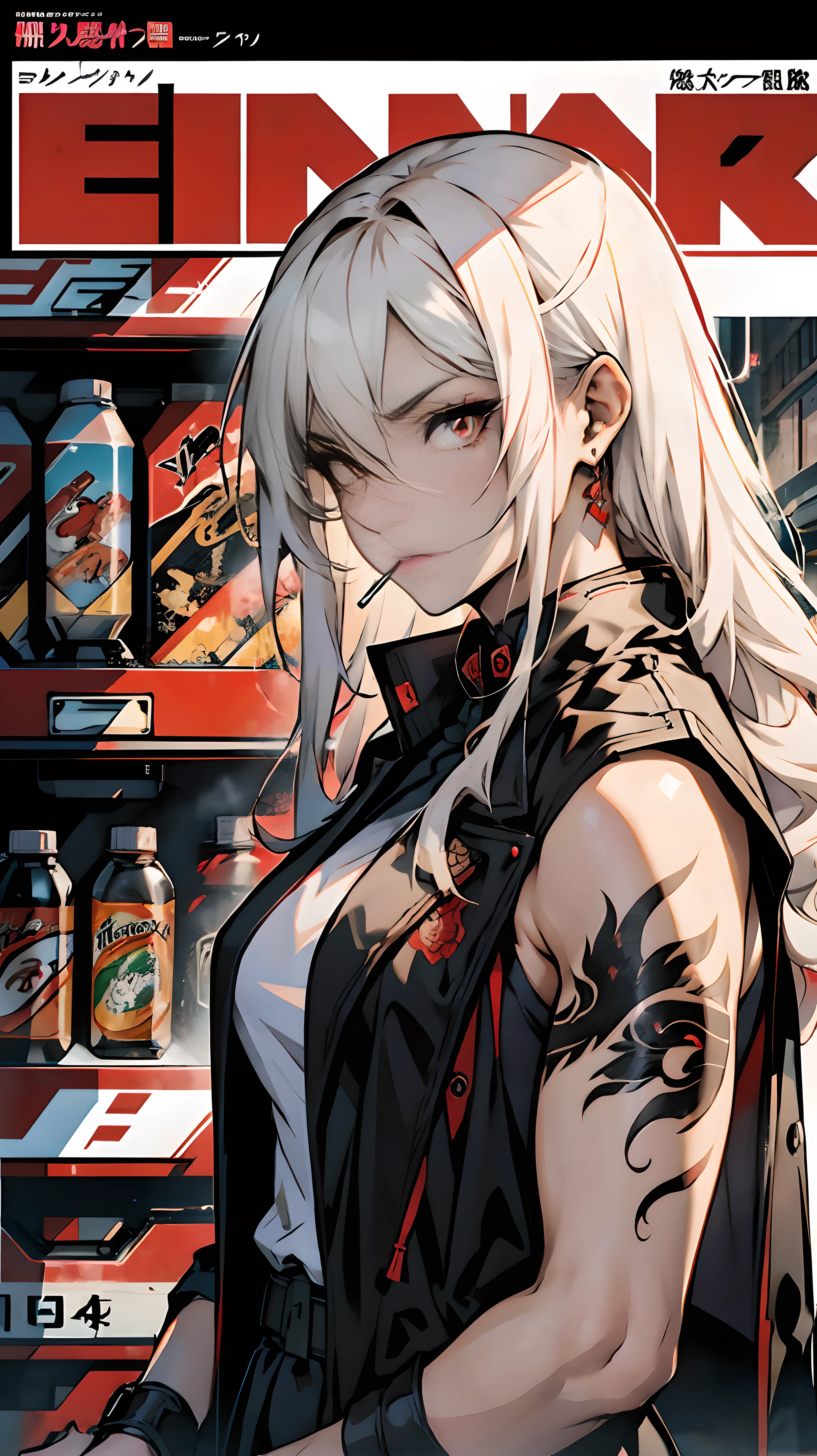 An anime magazine with tattoos as the protagonist, mature woman, white medium long hair, curly hair drooping, three-dimensional and delicate facial features, wearing a red cheongsam, draped in a black trench coat, with a dragon tattoo on his arm, leaning on a vending machine, looking down, lighting a cigarette, dark red bright eyes fierce and fierce, light red and light black background, manga art style, modern style, magazine cover, close-up