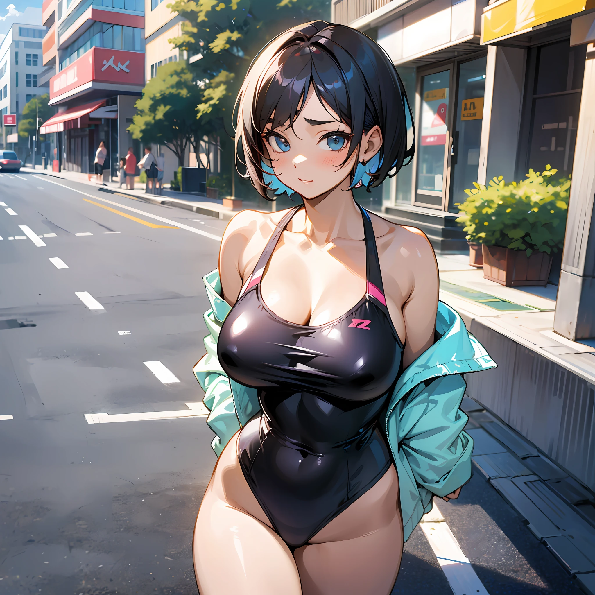 A handsome loli with short hair and big breasts in a swimsuit walks down the street --auto --s2