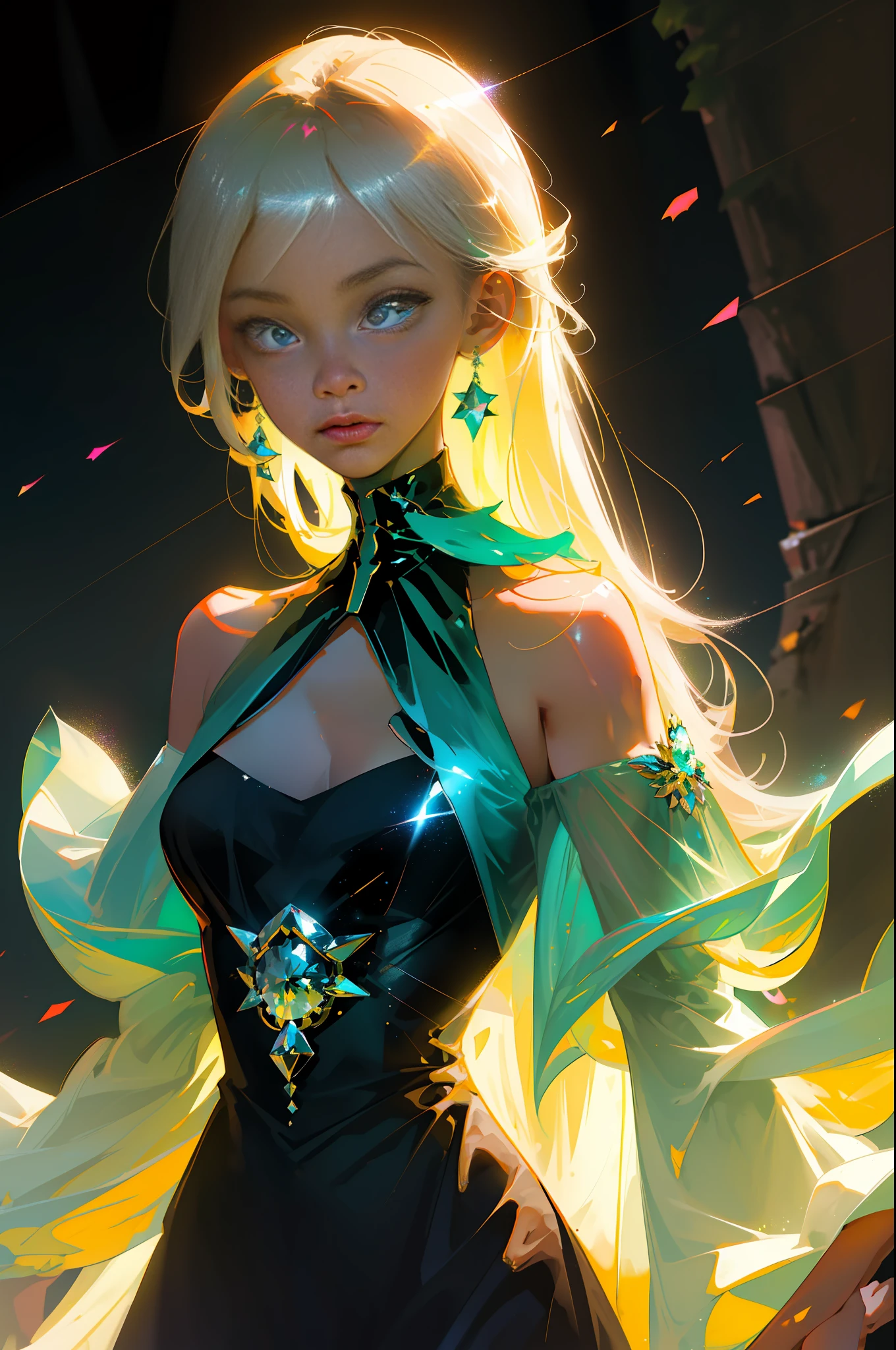 Masterpiece, best quality, super high resolution, fluorescent color,1 girl, looking at the audience, beautiful face, beautiful eyes, (bare shoulder: 1.2), head up, upper body, forest, shiny hair, shiny skin, glowing cut, chibi, hands not shown: 1.5, black starlight dress, particles
