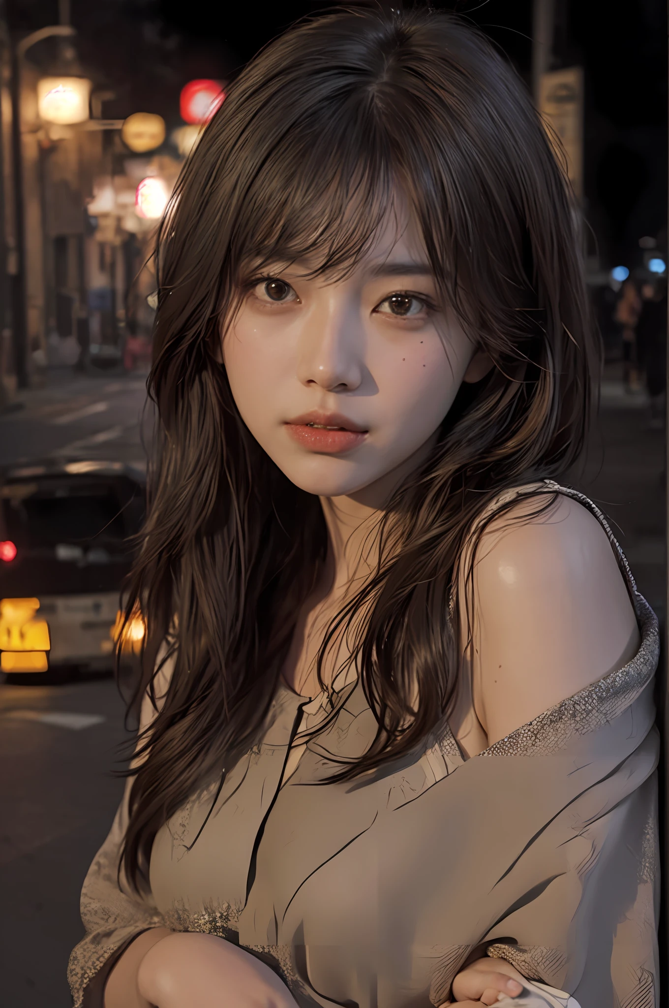 there is a woman that is standing in the street at night, soft portrait shot 8 k, 8k portrait render, 8k artgerm bokeh, [ realistic photography ], 🤤 girl portrait, realistic. cheng yi, photo-realistic low lighting, 8 k realistic digital art, [ 4 k photorealism ]!!, artwork in the style of guweiz