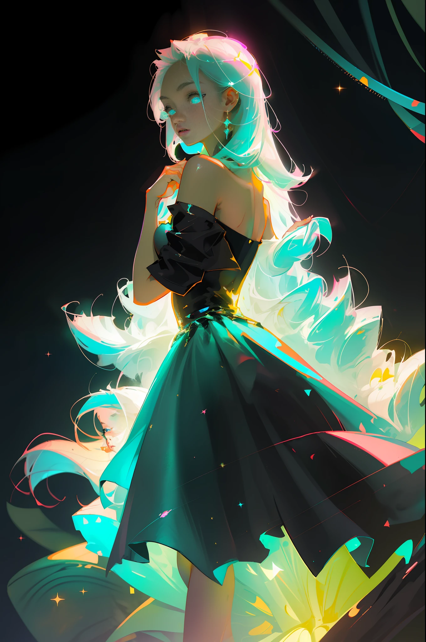 Masterpiece, best quality, super high resolution, fluorescent color,1 girl, looking at the audience, beautiful face, beautiful eyes, (bare shoulder: 1.2), head up, upper body, forest, shiny hair, shiny skin, glowing cut, chibi, hands not shown: 1.5, black starlight dress, particles
