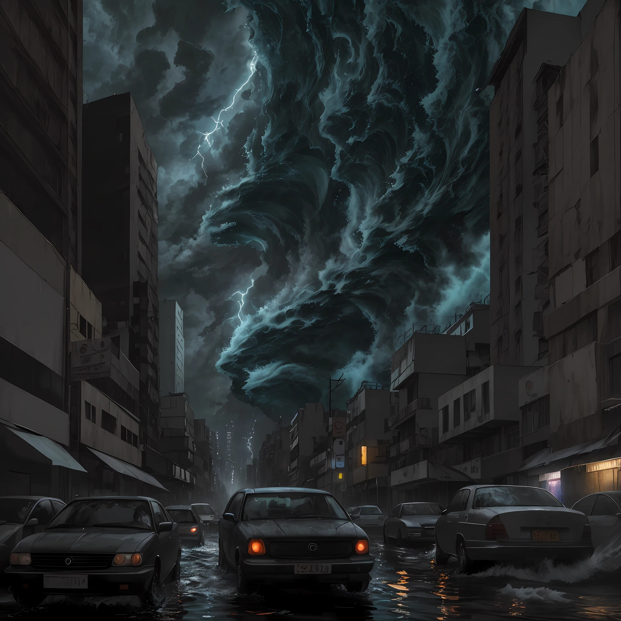 The sky is lightning and thunder, majestic rain, the sky is dark, city streets, city blackouts, no lights, abandoned cars everywhere, huge waves sweeping the streets of the city, huge waves 50 meters high, flooding tall buildings, drowning cars,