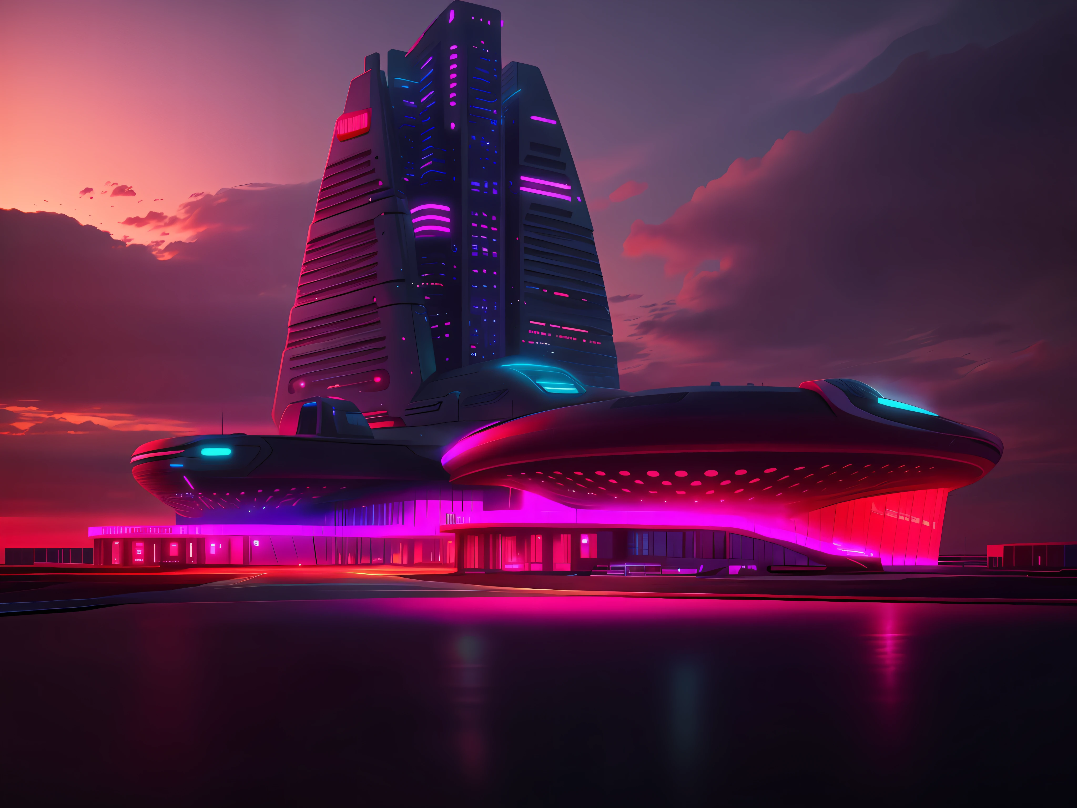 a futuristic looking building with neon lights on it's sides and a red sky in the background by Beeple Mike Winkelmann