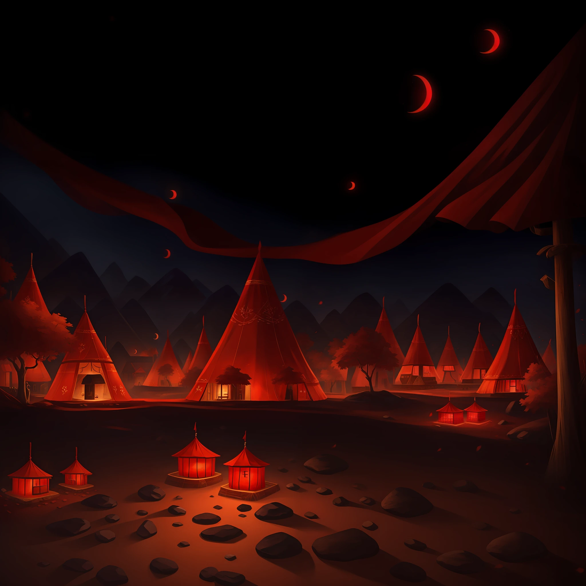 The village at night, red silk and red tent are festive