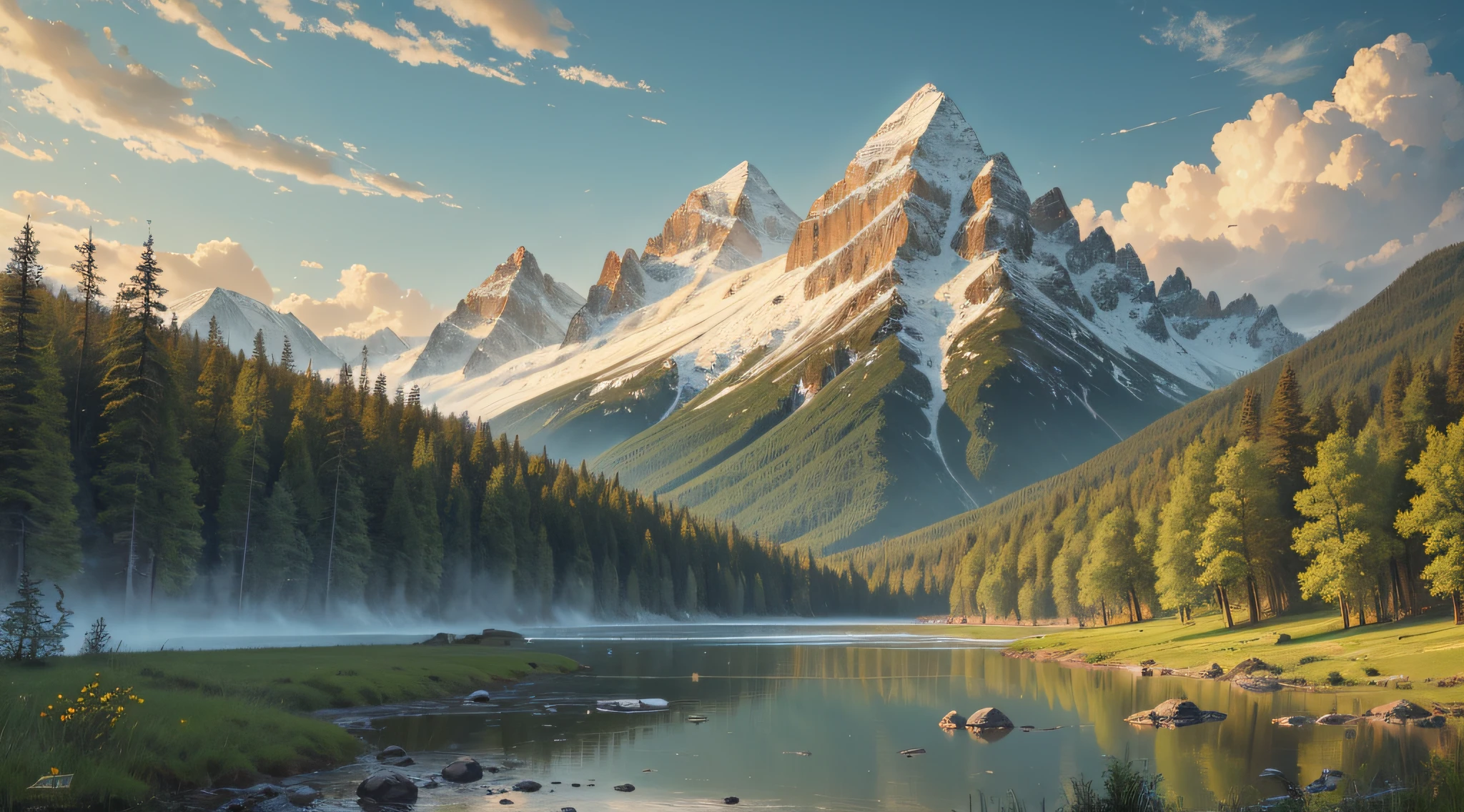 Shishkin oil painting, majestic, mountains, waterfalls, forests, white clouds, lakes, villages, 8K, fine details, high definition --auto --s2