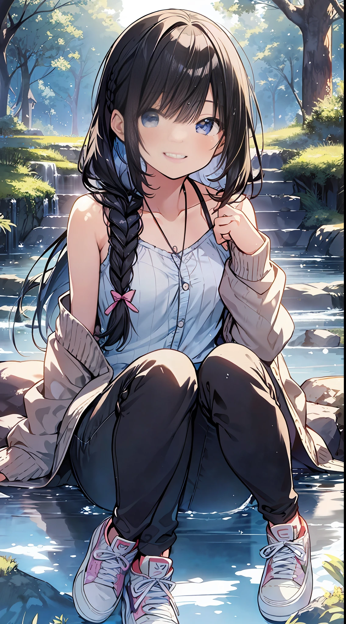 Top Quality, Masterpiece, Ultra High Definition, 8K, Summer Sky, Early Summer, (Pants, Sheer Cardigan, Sneakers), Shojo Manga Style Loli, One, Soft Line Art, Digital Enhancement, Shoujo Manga Touch, Shojo Manga Core, Flowing Fabric, Close Up, (Shoulder Length and Short Braid)), Wet Hair, Soft Drawing, Beautiful Black Hair, Clear Eyes, ((Teasing smile)) , Ultra-detailed digital anime art, clear face depiction, ultra-detailed shoujo manga character art, clear facial features, ultra-detailed manga style, top quality colors, hand gestures, landscape with nature, looking up at the sky, angle to see up to your feet, sit