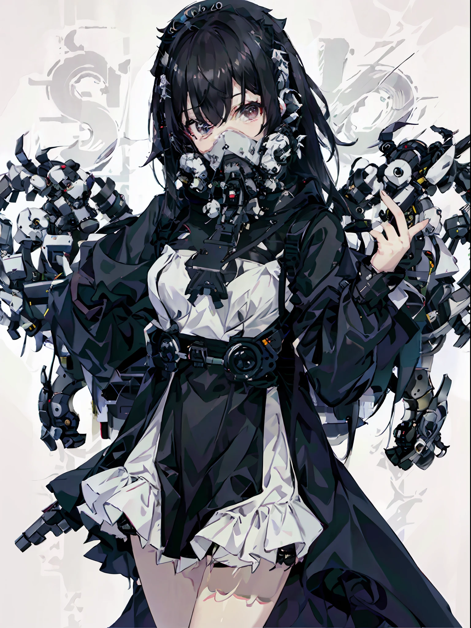 With machine gun, Yorime, Gas Mask, Ahegaovery / Sexual Ecstasy), black hair, bob cut, black and red nurse uniform, straight hair, nurse costume, (masterpiece: 1.2, highest quality), (beautiful eyes of detail: 1.2), (detailed background, dark fantasy), (beautiful detailed face), high contrast, (best lighting, very delicate and beautiful), (( cinematic light)), colorful, hyper-detailed, dramatic light, intricate detail, pigeon toe