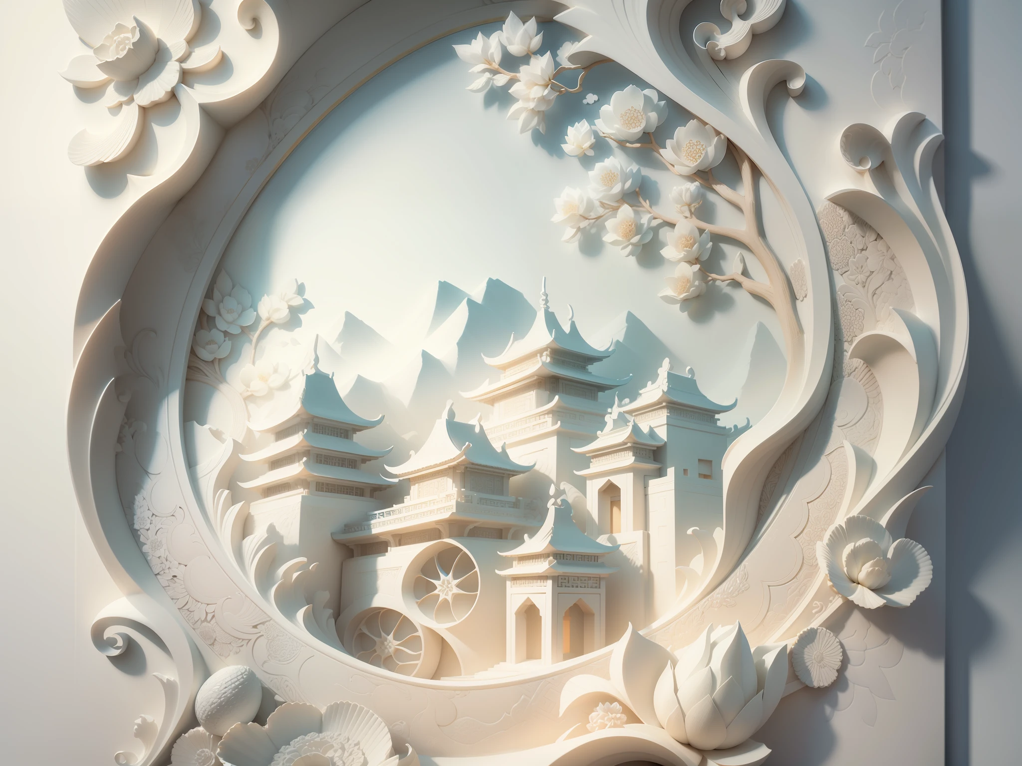 3D white relief, meticulously carved, white ivory carving, chinese illustration on white background, pastel, traditional chinese style, oriental landscape painting, multidimensional paper fog crafts, paper illustration, super wide angle view, dream, 8k, romantic, high resolution, 8k