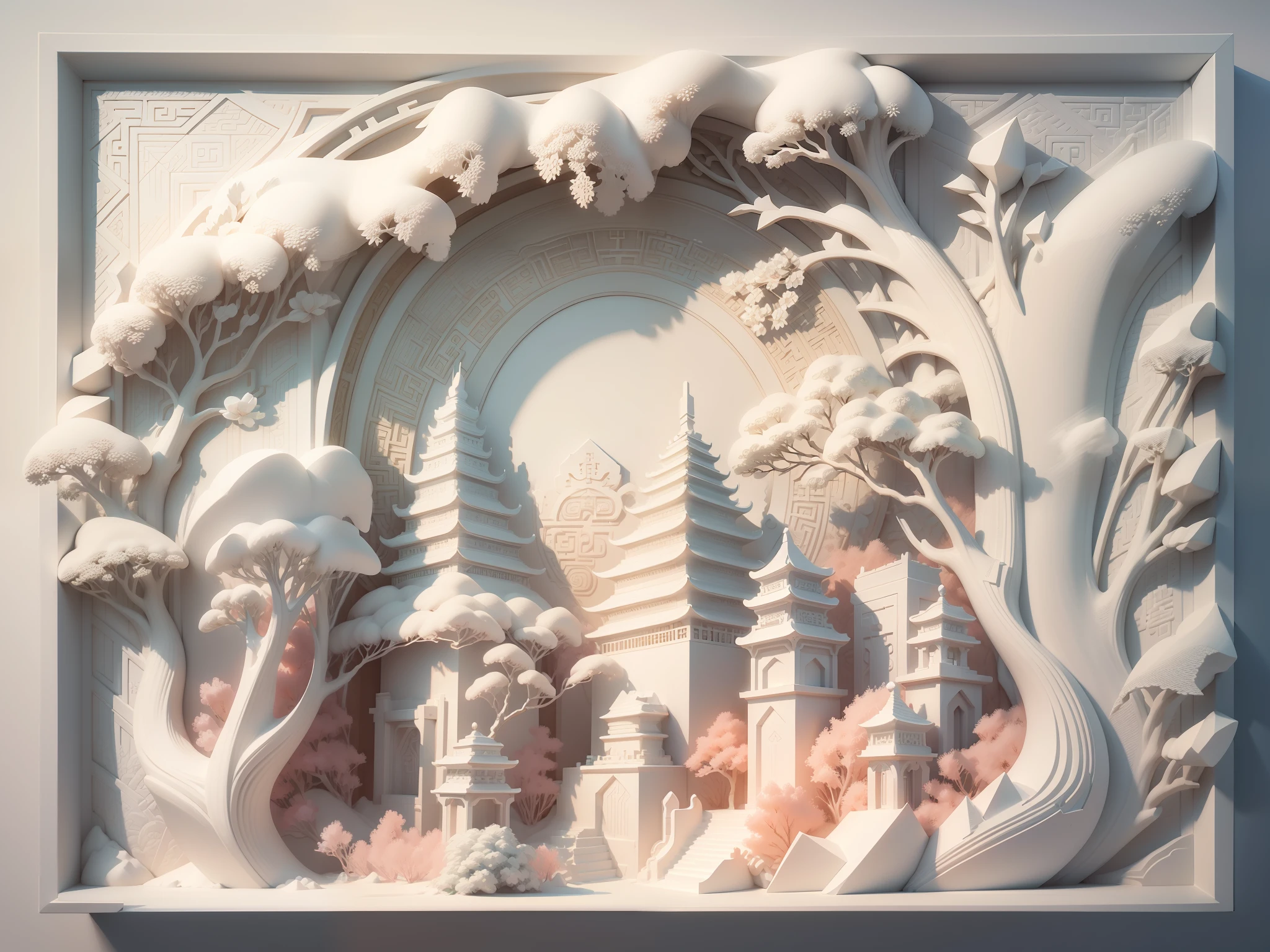 3D white relief, meticulously carved, white ivory carving, chinese illustration on white background, pastel, traditional chinese style, oriental landscape painting, multidimensional paper fog crafts, paper illustration, super wide angle view, dream, 8k, romantic, high resolution, 8k