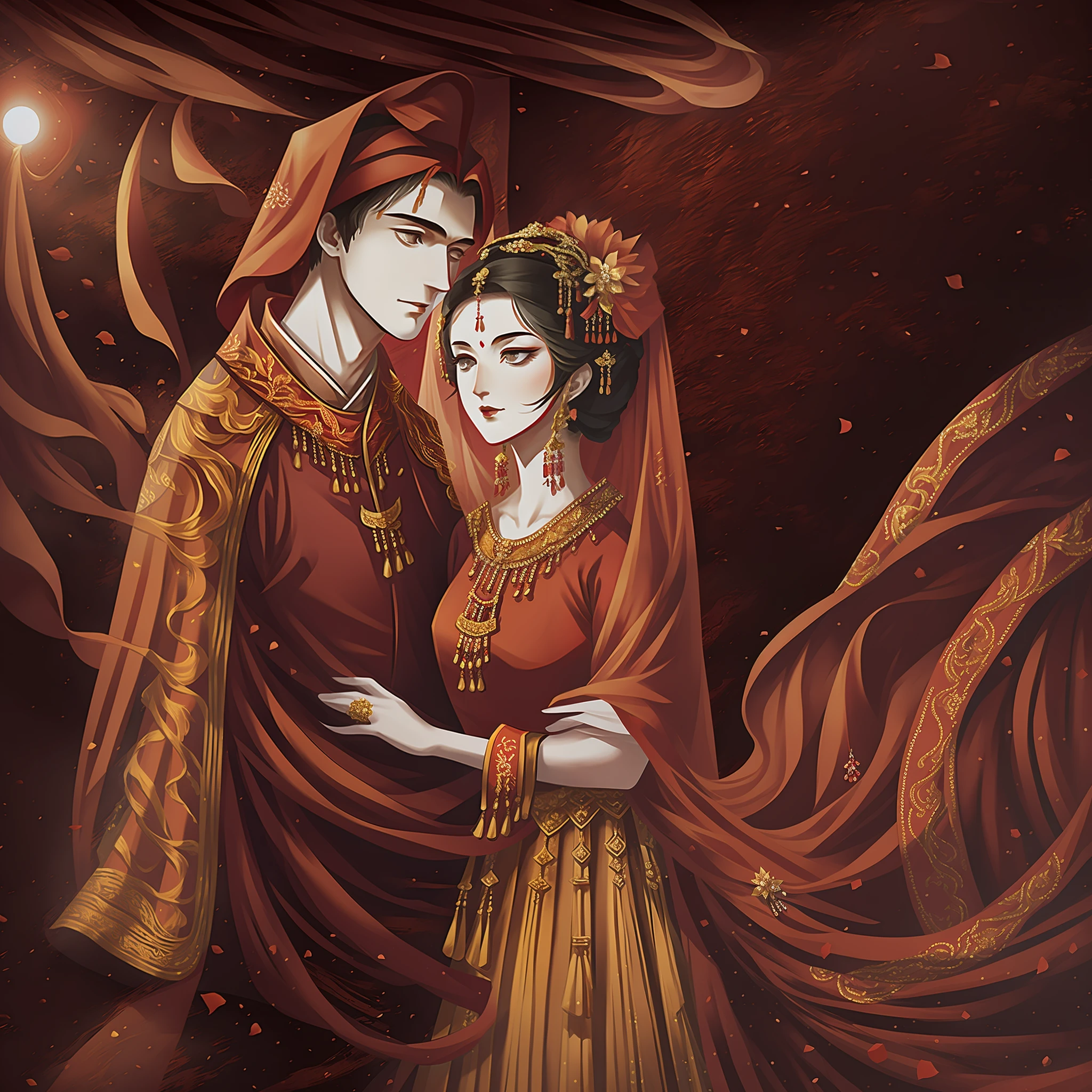 An ancient couple is married, both dressed in red, the bride's head is covered with red cloth gauze, panorama, evening