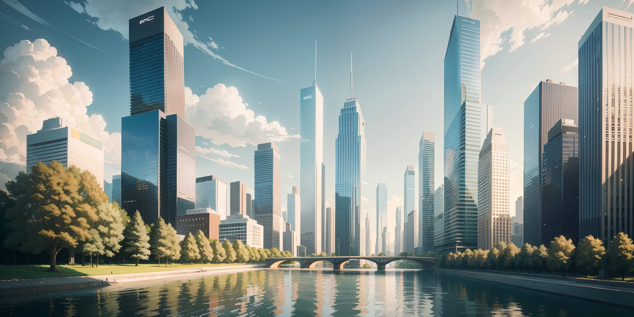 Modern cityscape, tall buildings, green trees, river, blue sky, white clouds, sunlight, masterpiece, super detail, epic composition, ultra HD, high quality, extremely detailed, official art, uniform 8k wallpaper, super detail, 32k - v 6
