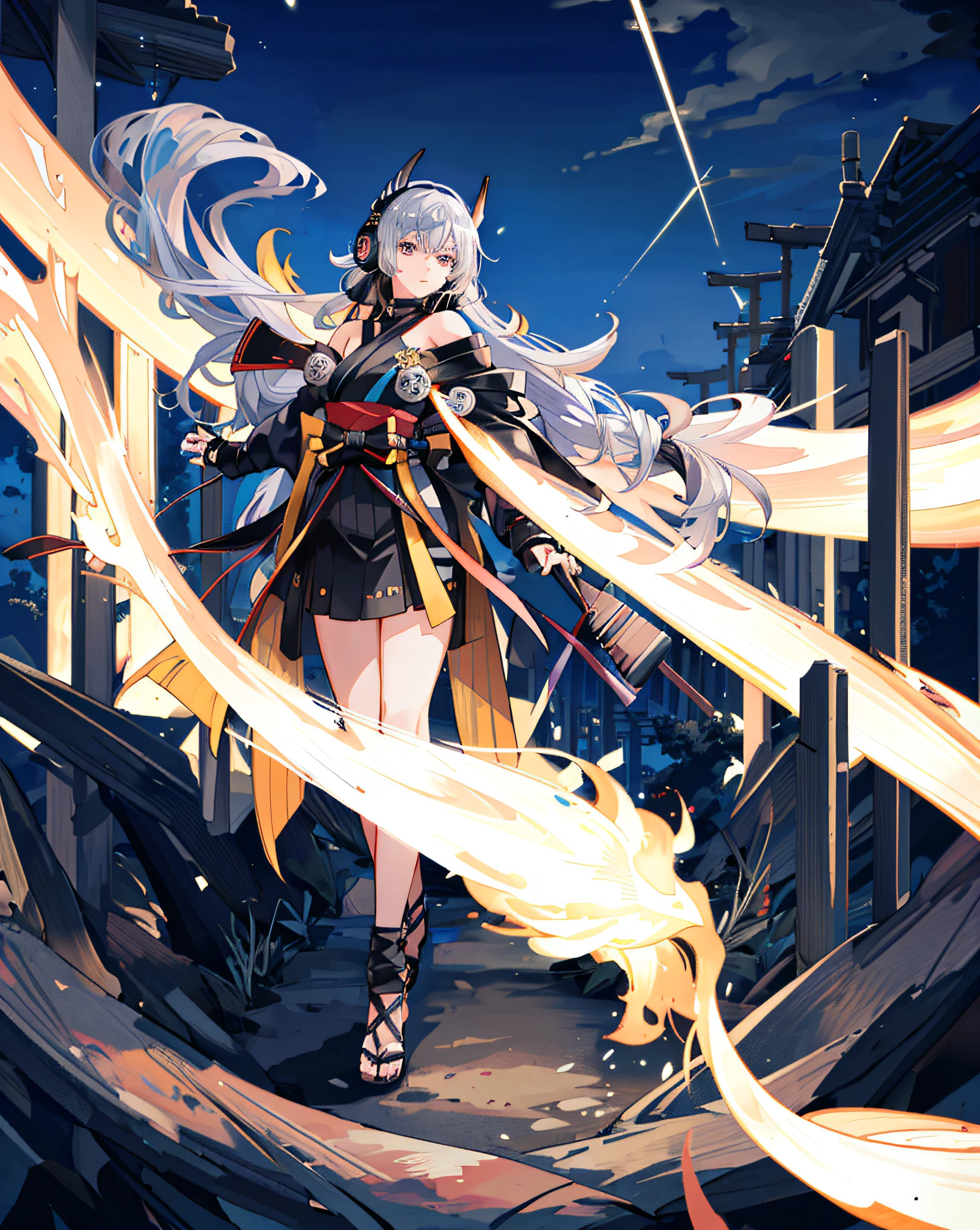 1girl,Future kunoichi,Ninja,Silver hair,Long hair,Off shoulder,(Colossal),Flower hair ornament,(Headphones around neck),(Detailed night view),(Magnificent night view),(Standing at the top of the pylon),Kunai,Wakijing,Beautiful effects