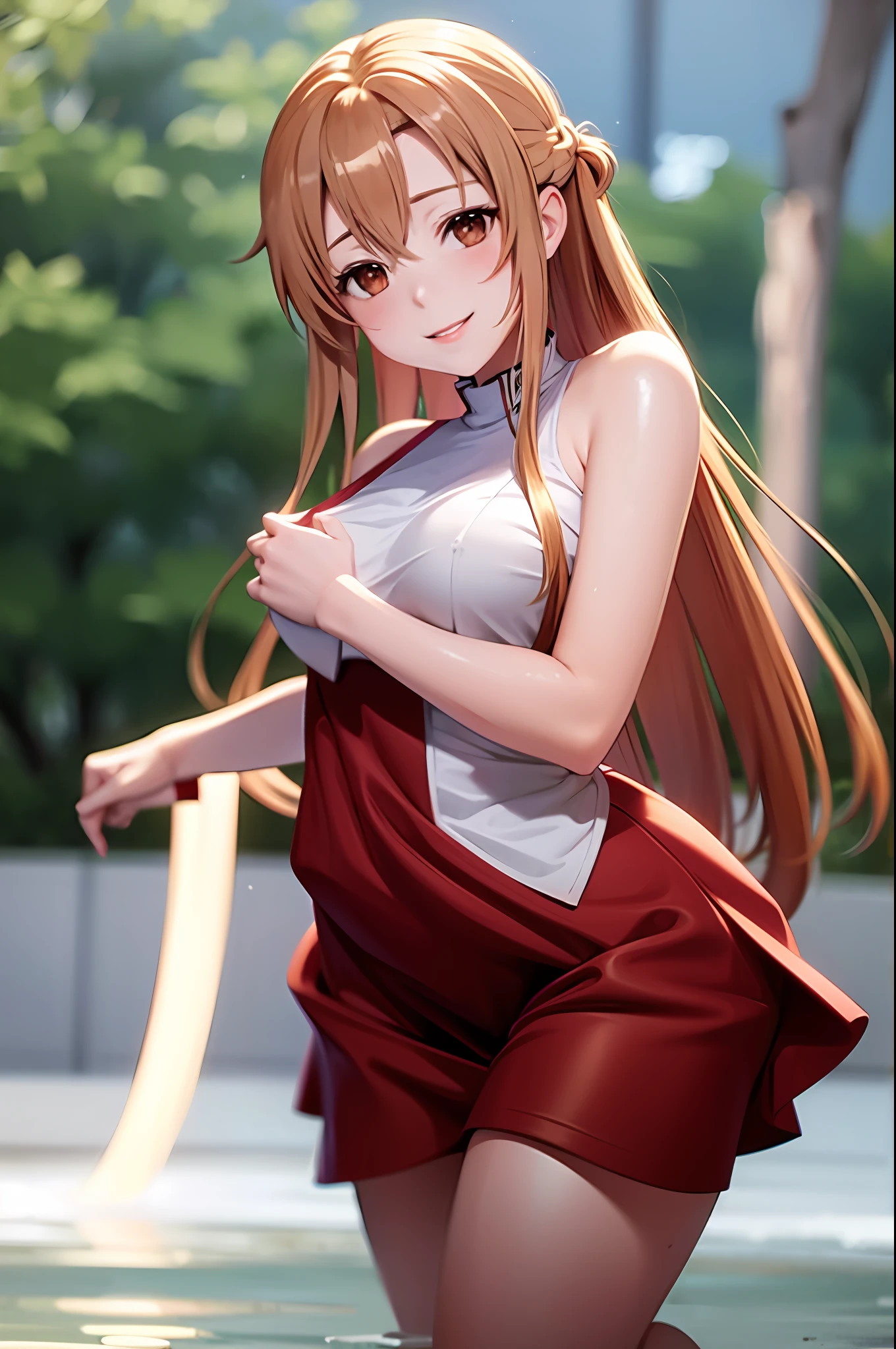 (naked:1),(wet_red dress:1.1),Asuna,light smile,sexy,wet_hair, best quality, bouncing breast ,